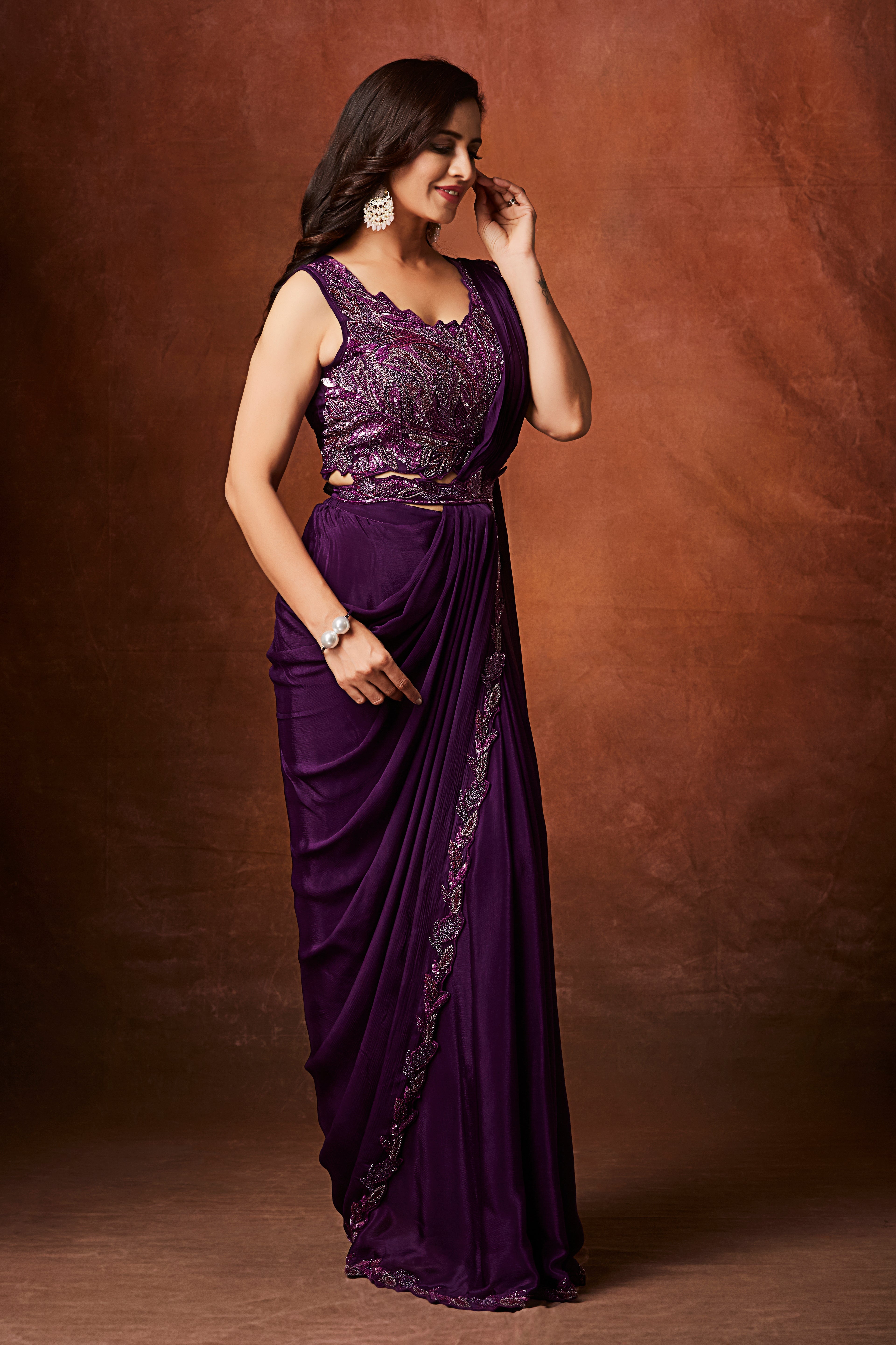 Plum Purple Embellished Chinon Silk Drape Saree