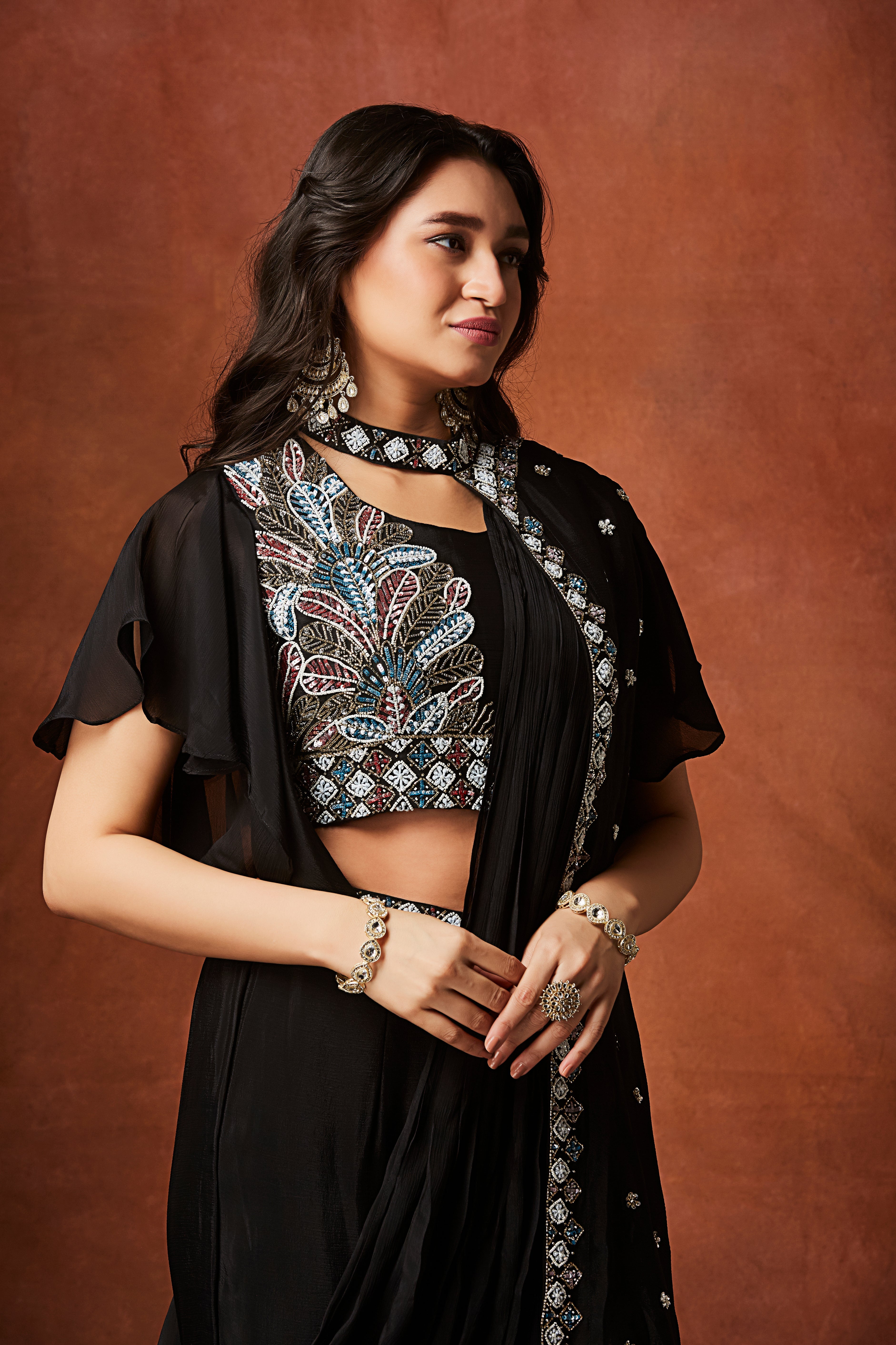 Coal Black Embellished Chinon Silk Palazzo Set