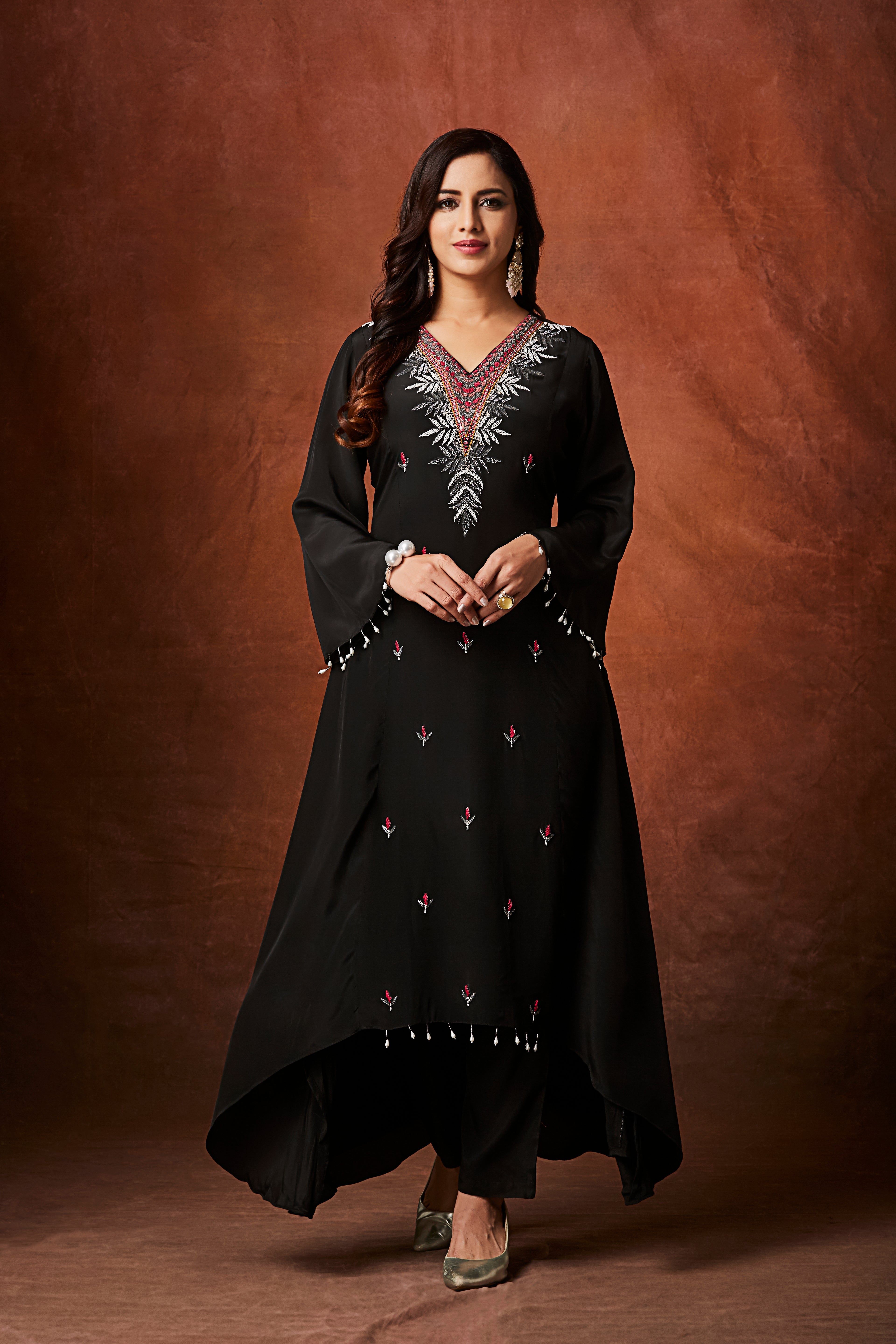 Jet Black Embellished Chinon Silk Kurta Set