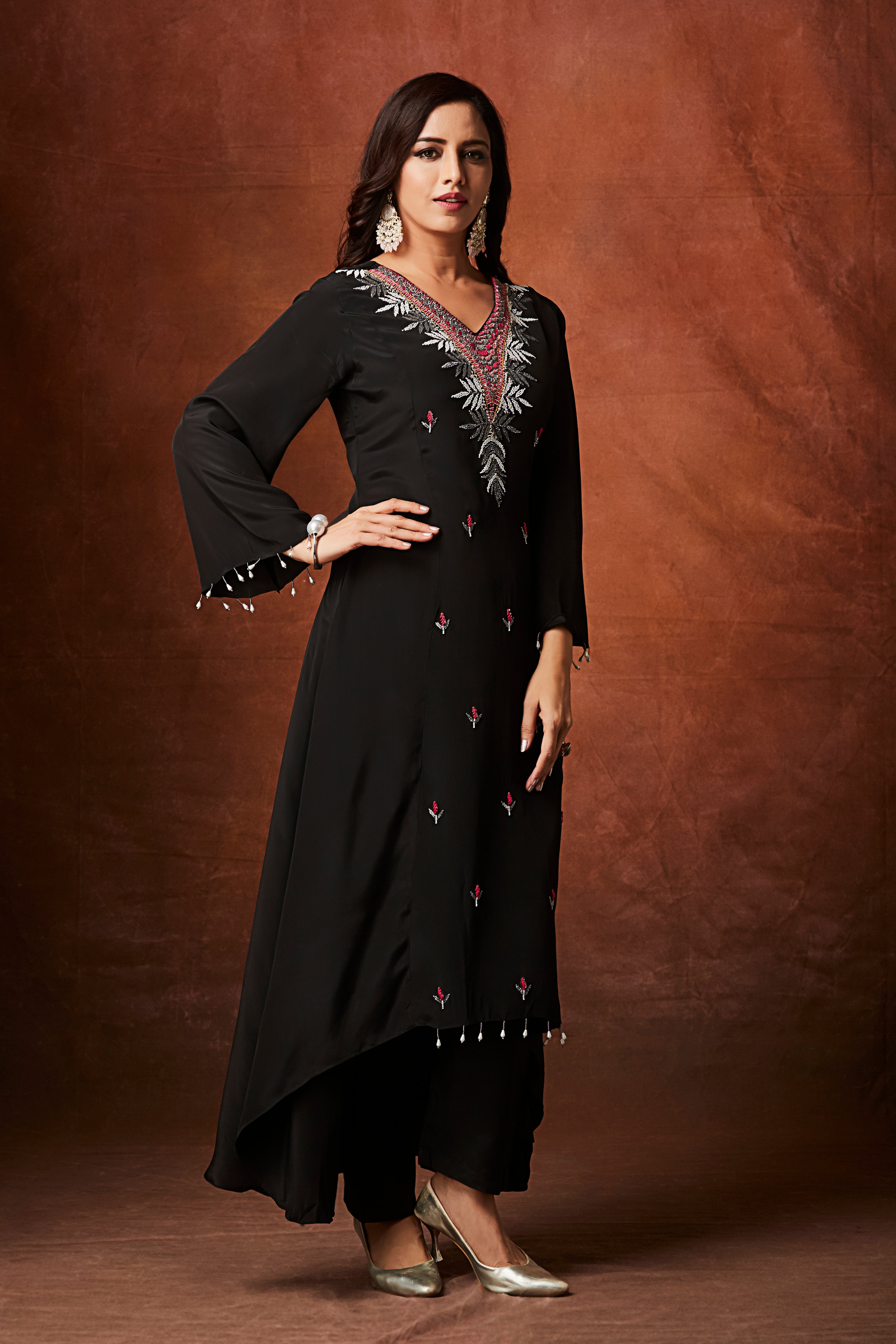 Jet Black Embellished Chinon Silk Kurta Set