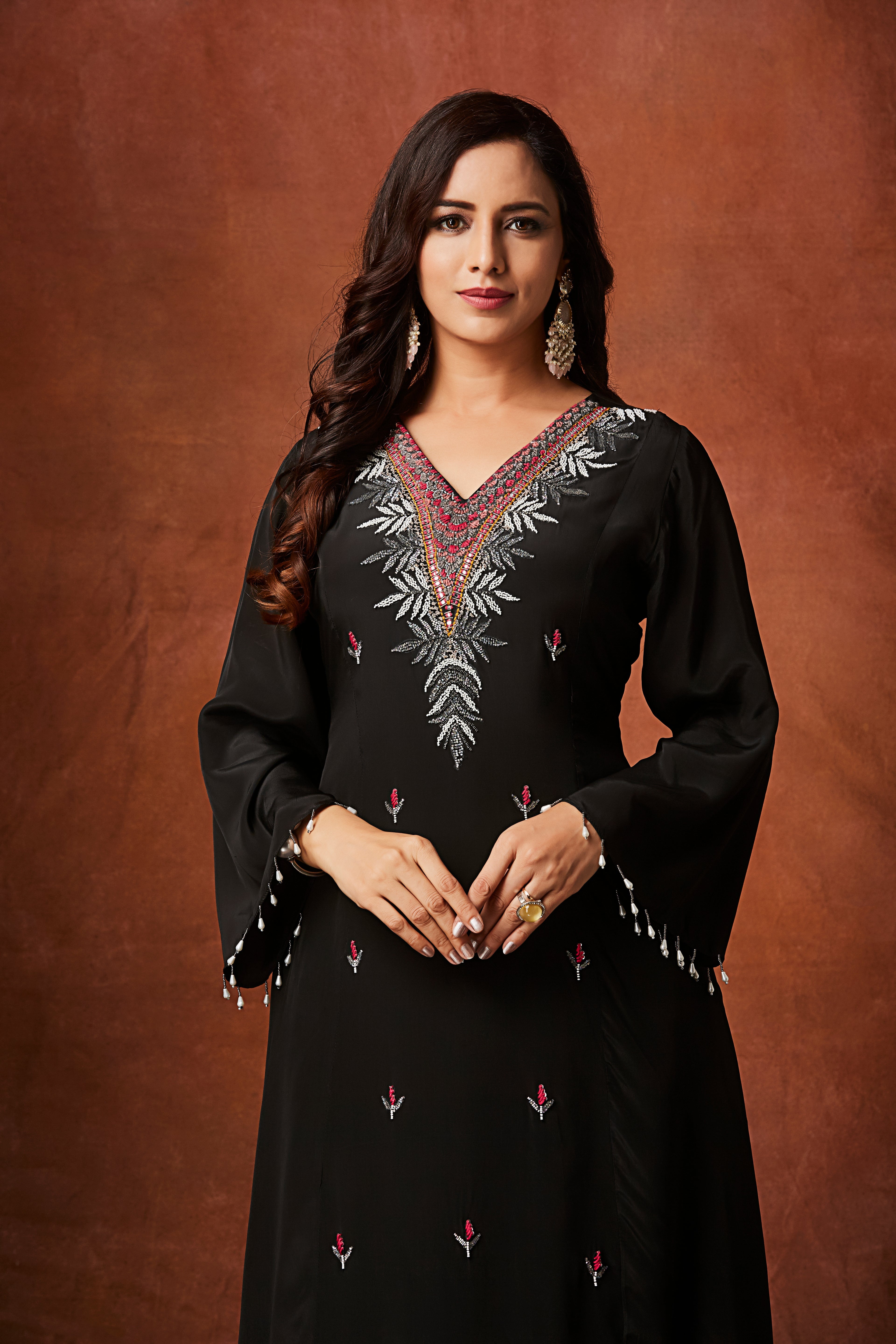 Jet Black Embellished Chinon Silk Kurta Set