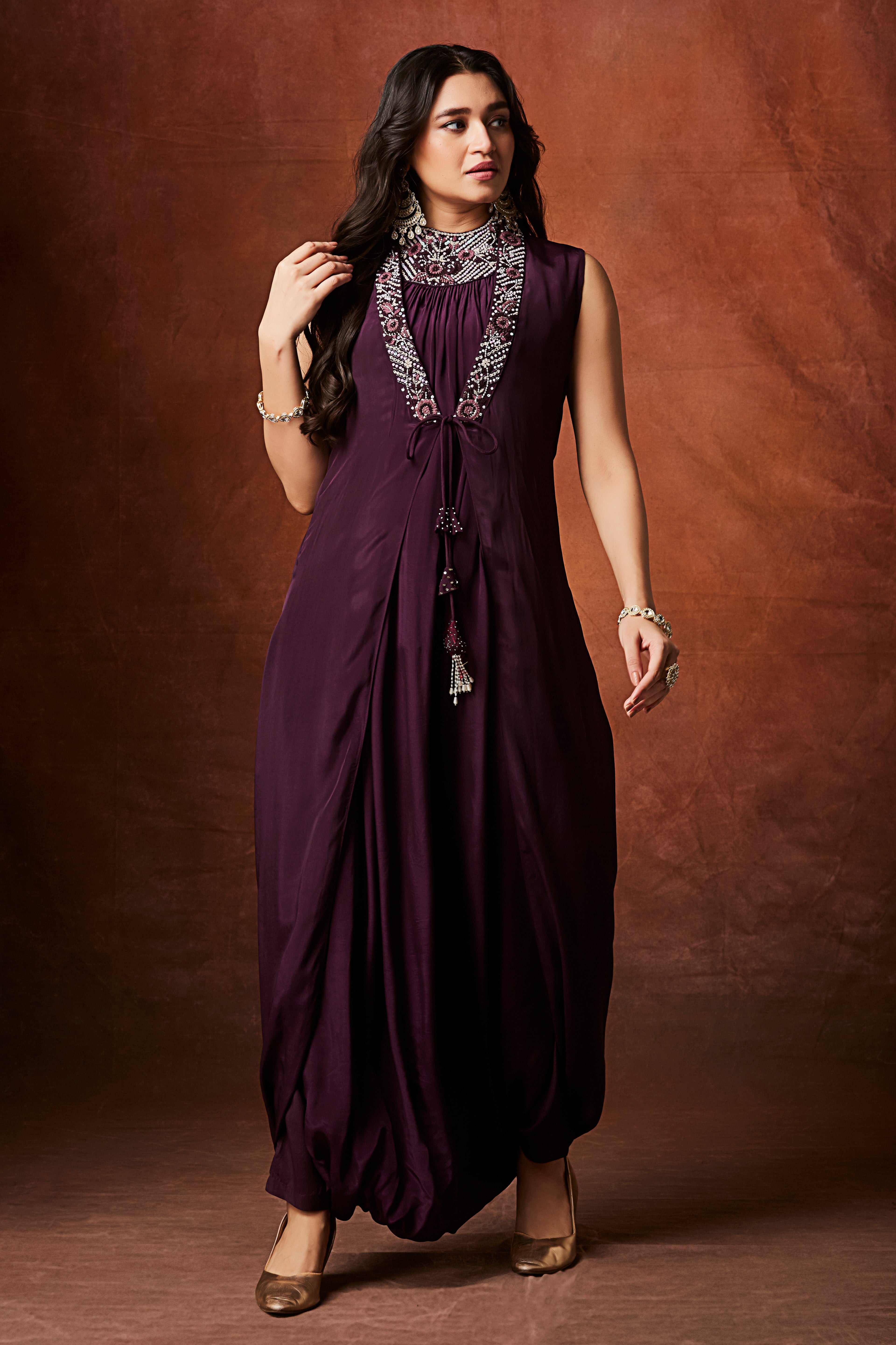 Deep Wine Embellished Chinon Silk Cowl Dress