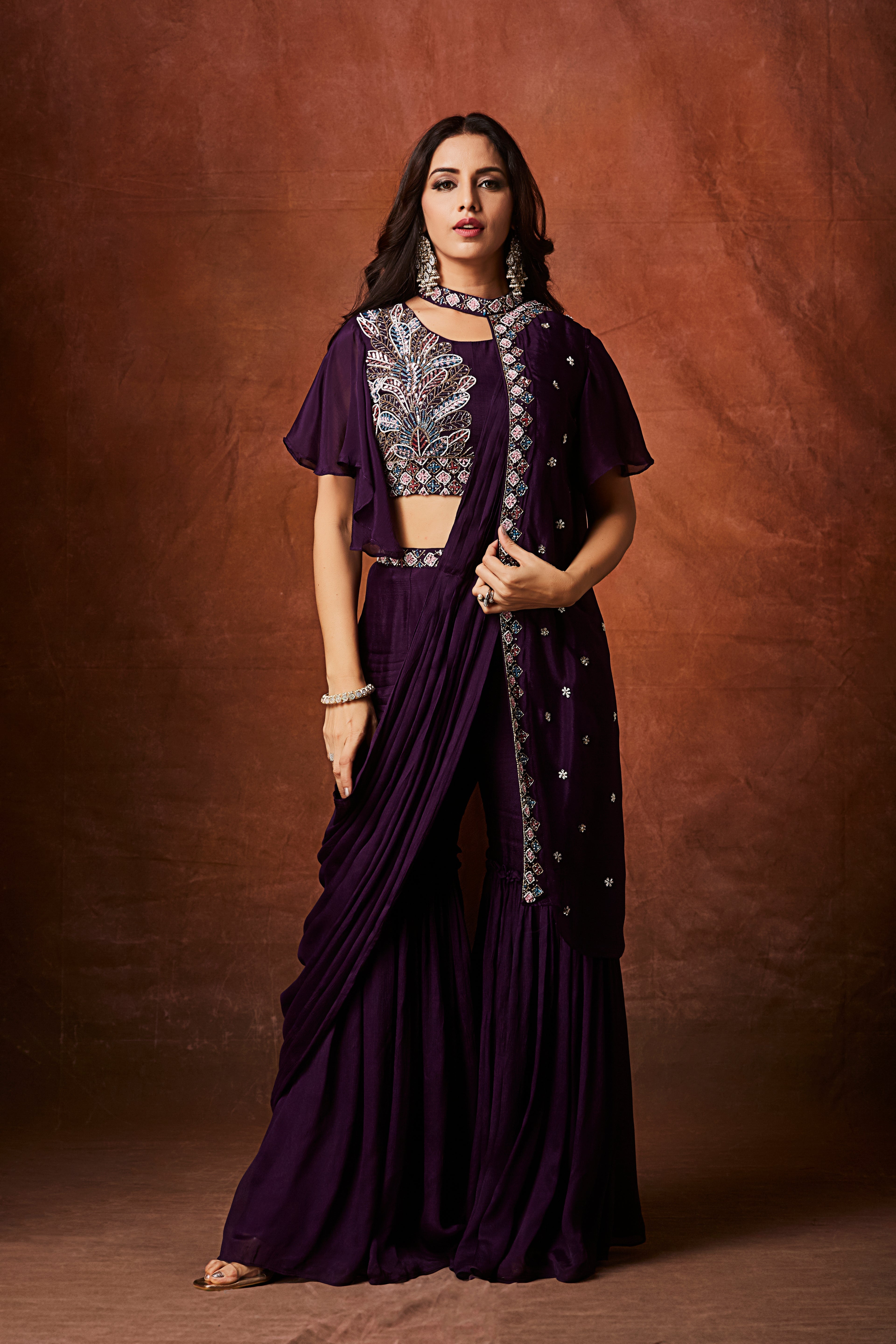 Imperial Plum Embellished Chinon Silk Palazzo Set