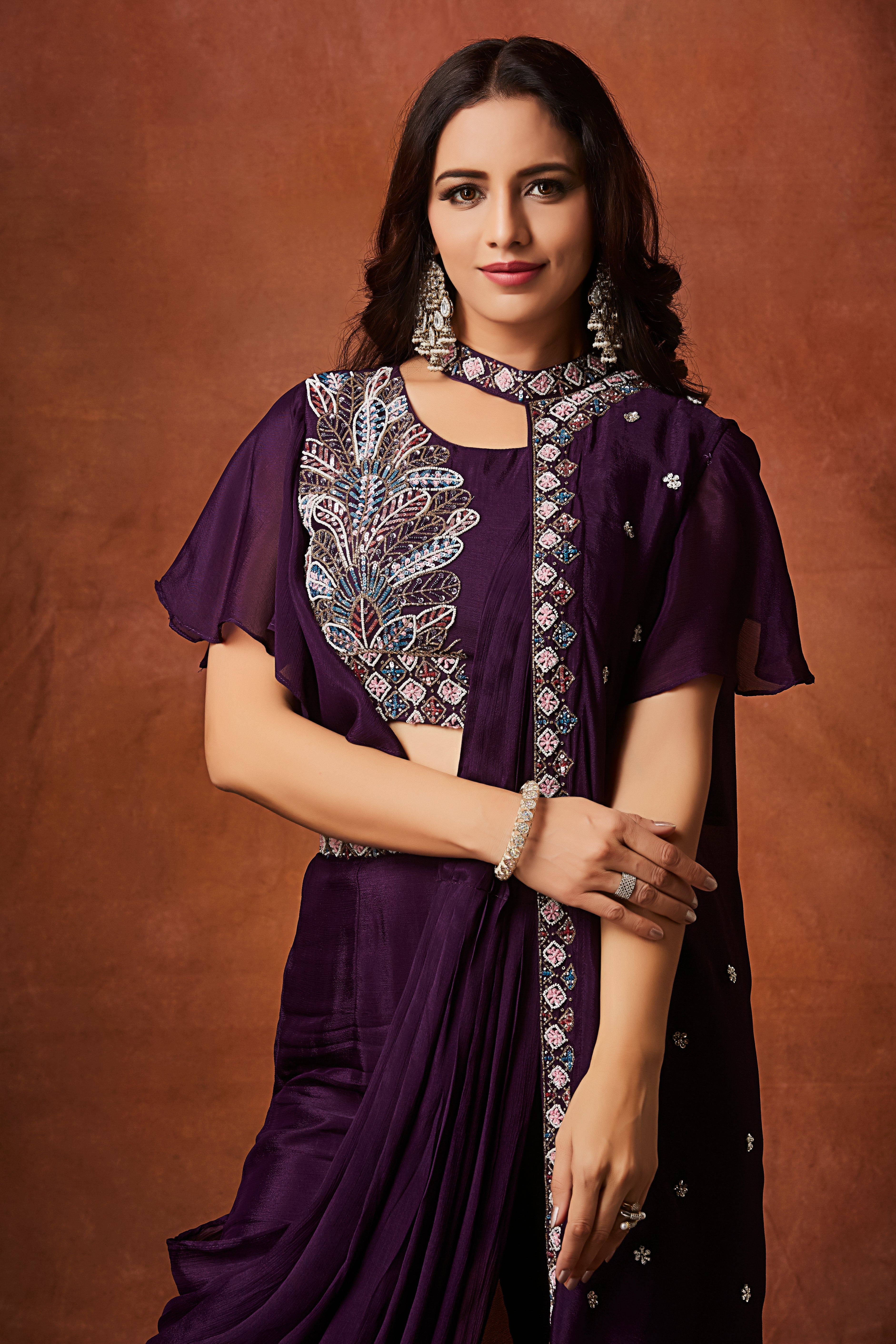 Imperial Plum Embellished Chinon Silk Palazzo Set