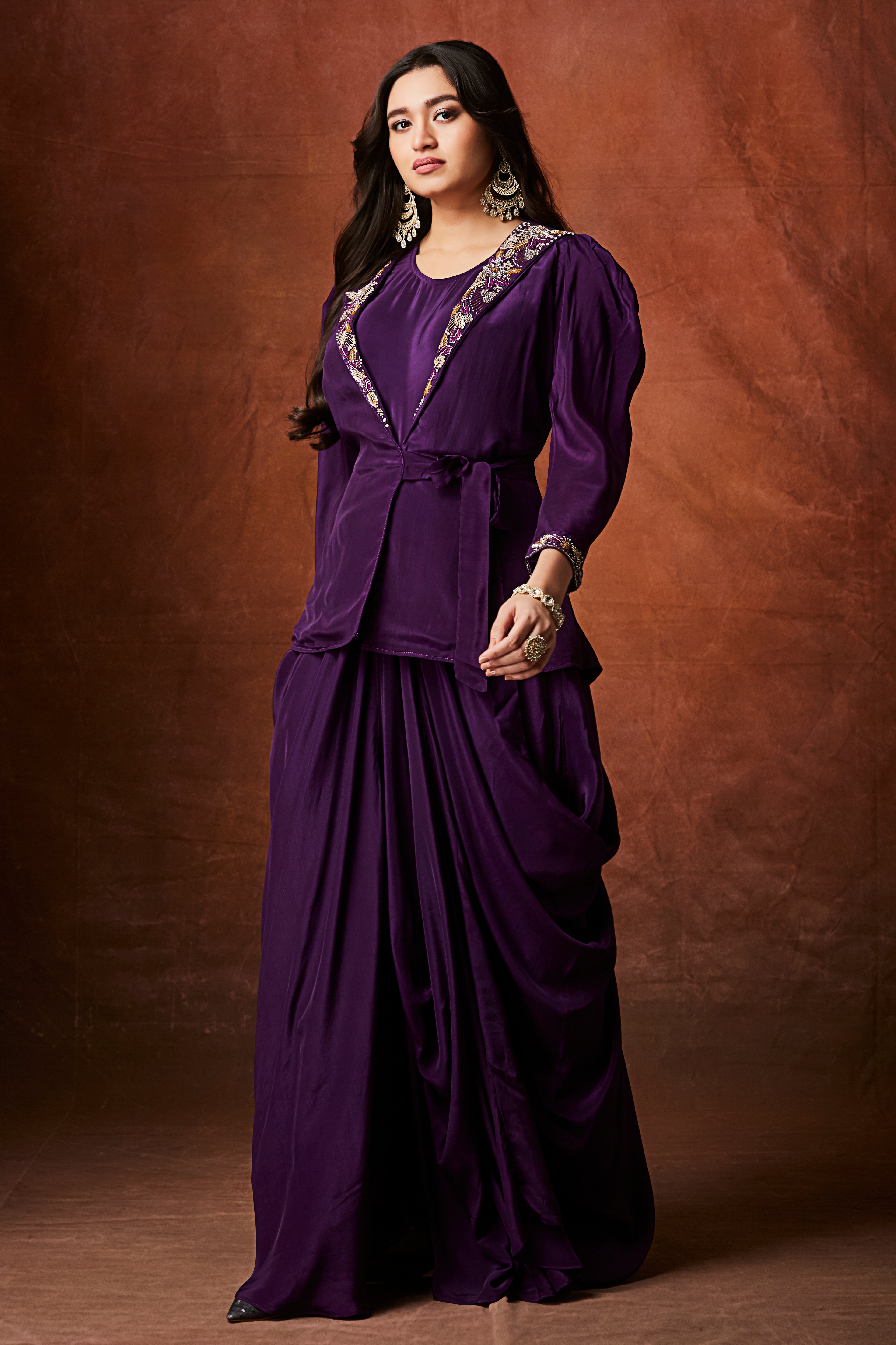 Regal Violet Embellished Crepe Silk Skirt Set