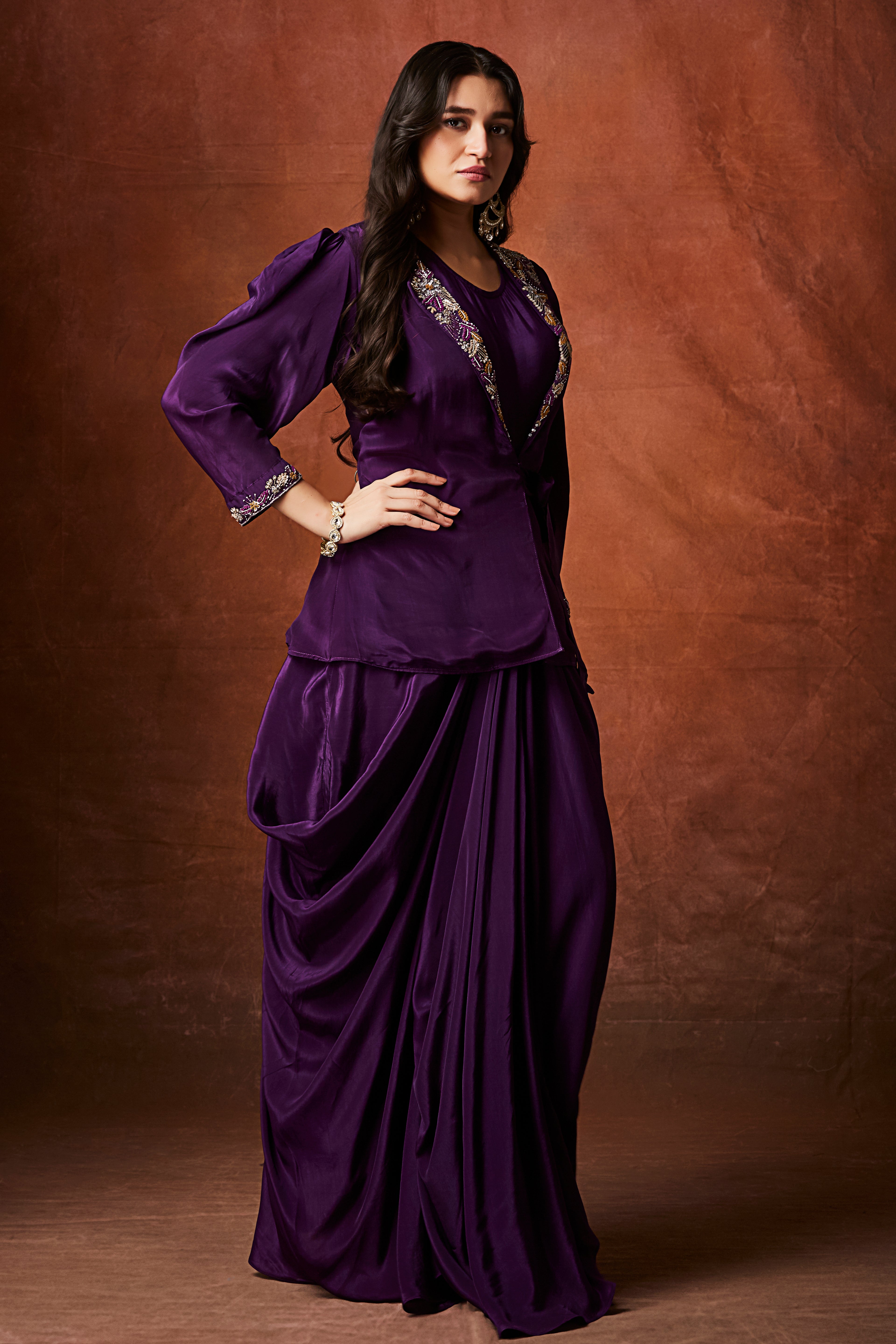 Regal Violet Embellished Crepe Silk Skirt Set