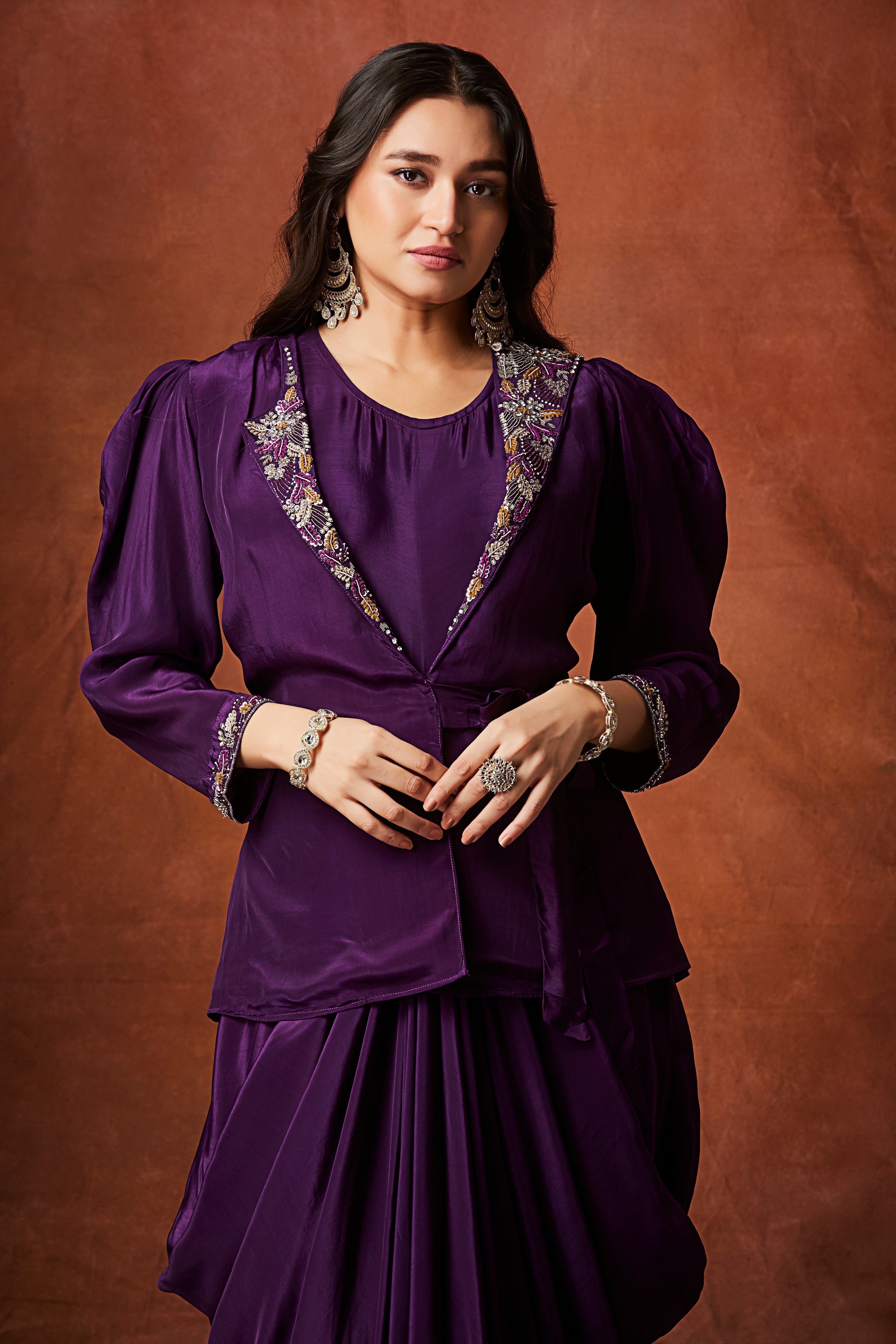Regal Violet Embellished Crepe Silk Skirt Set