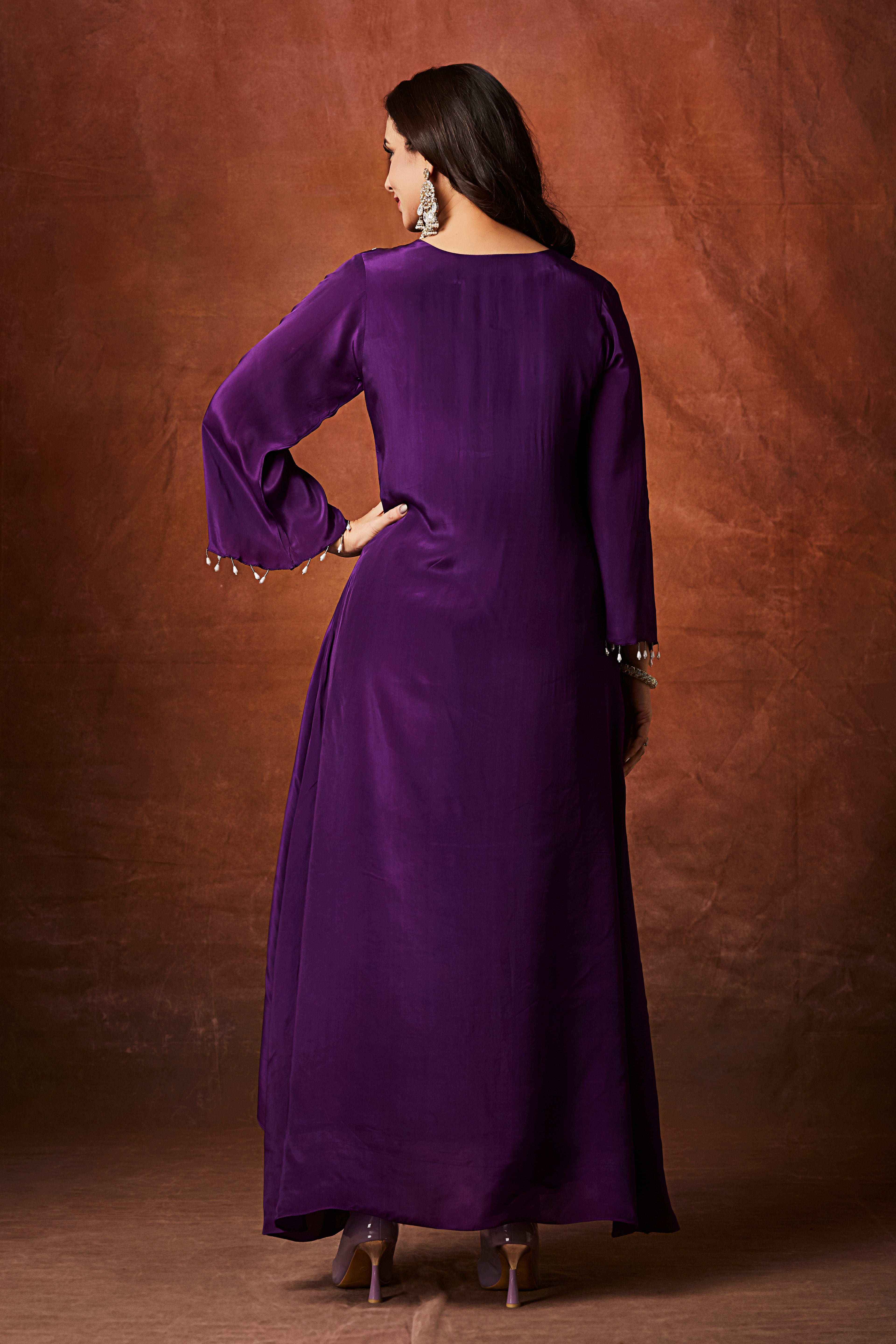Deep Purple Embellished Chinon Silk Kurta Set