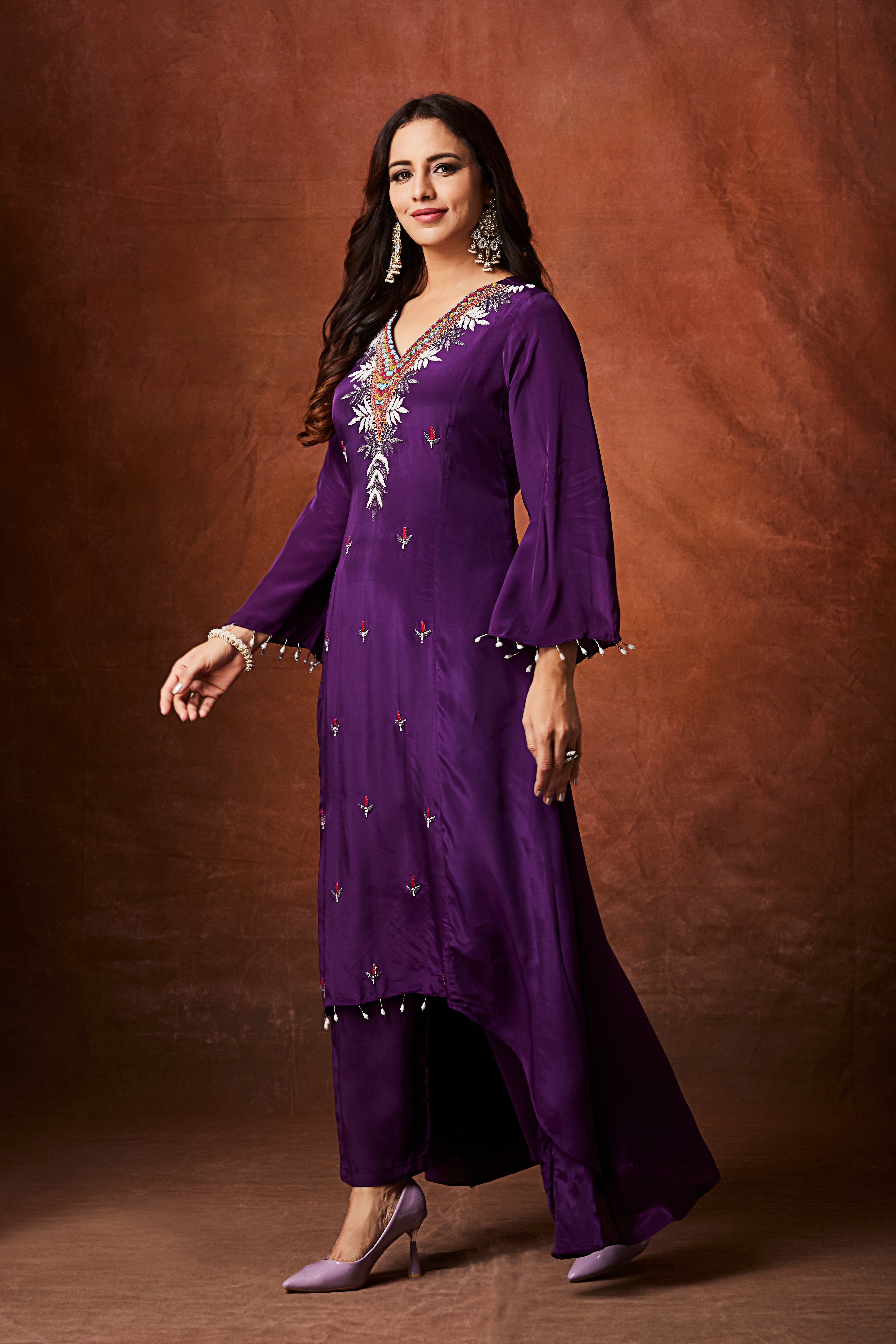 Deep Purple Embellished Chinon Silk Kurta Set
