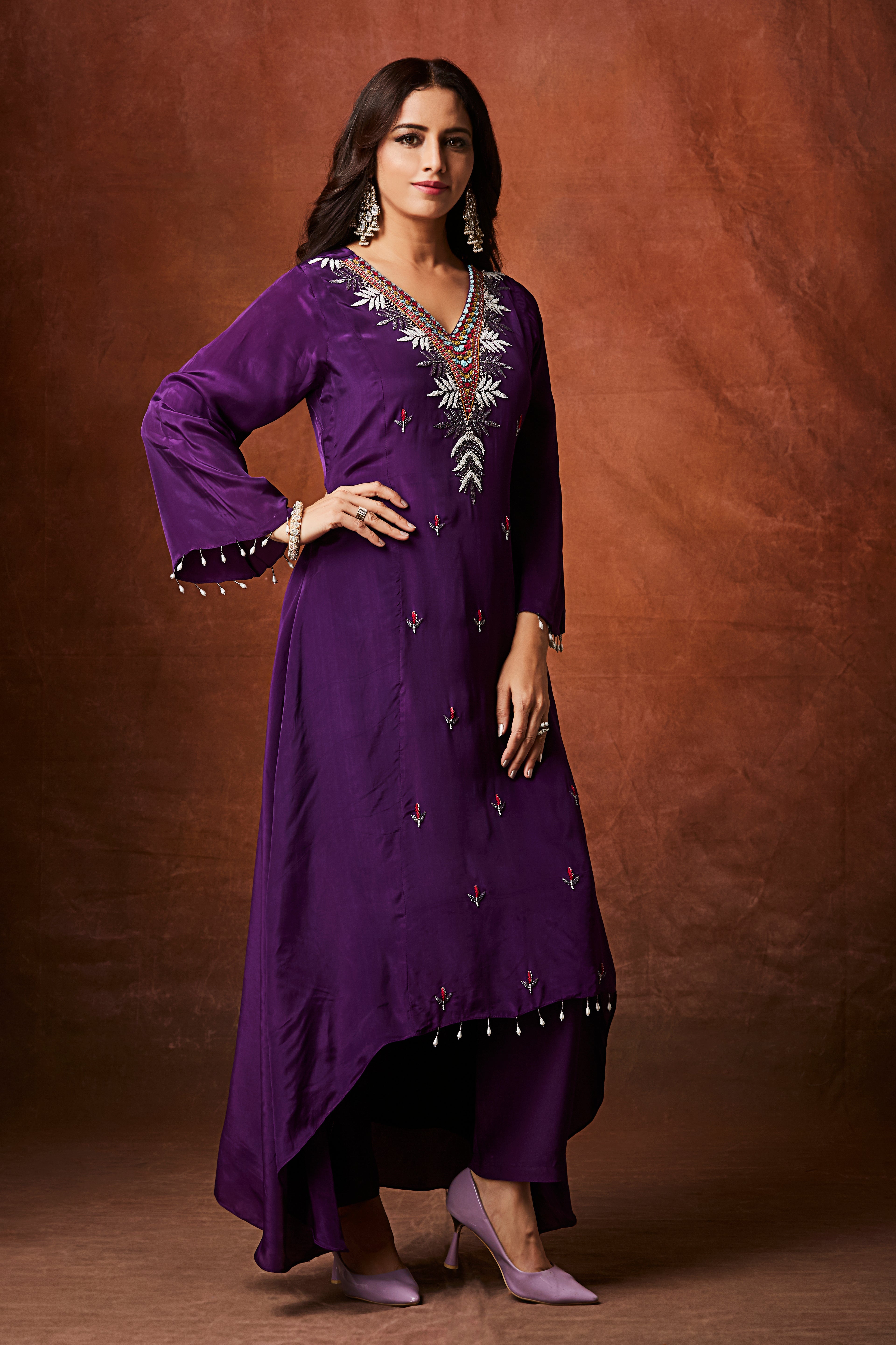 Deep Purple Embellished Chinon Silk Kurta Set