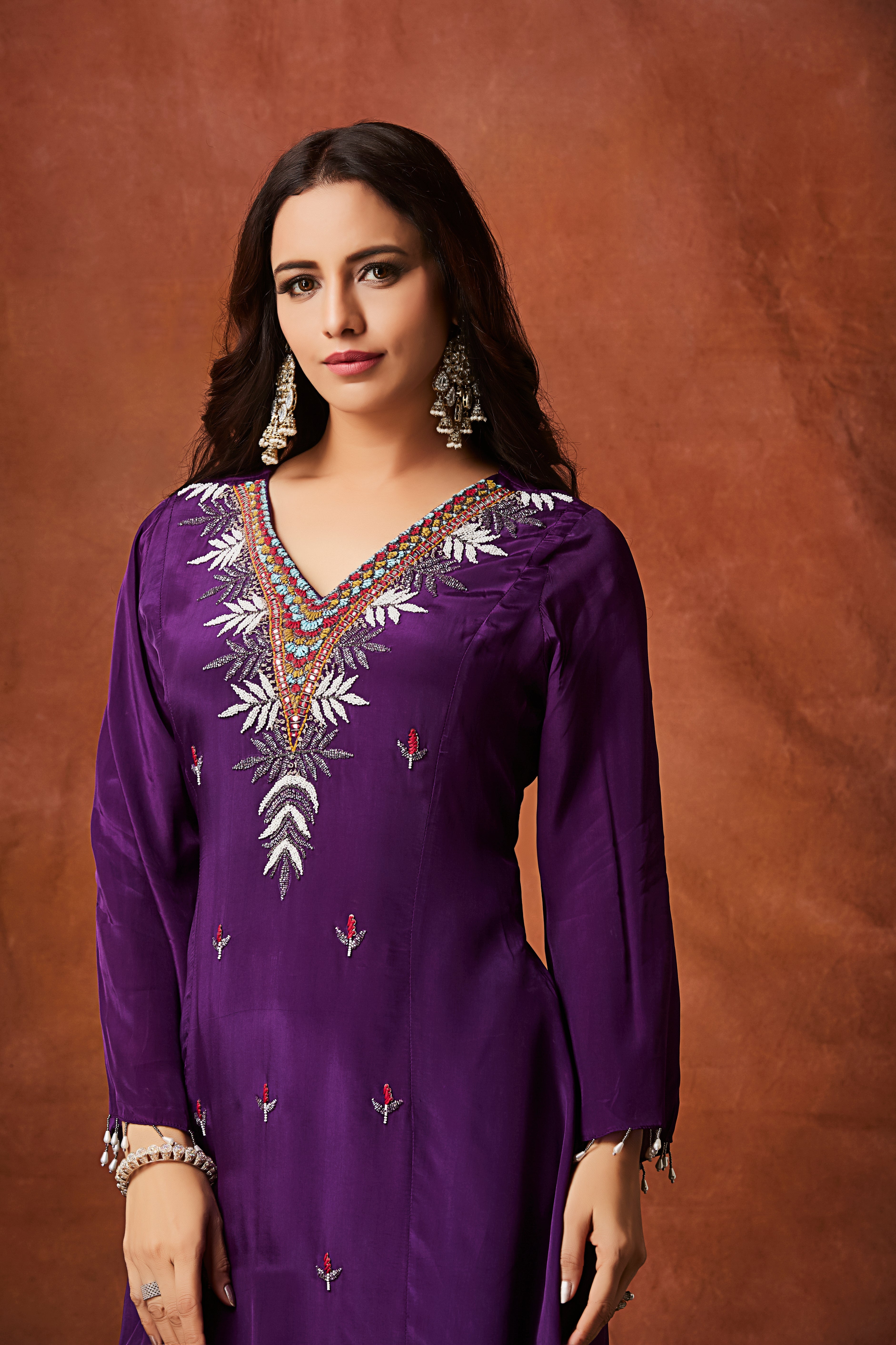 Deep Purple Embellished Chinon Silk Kurta Set
