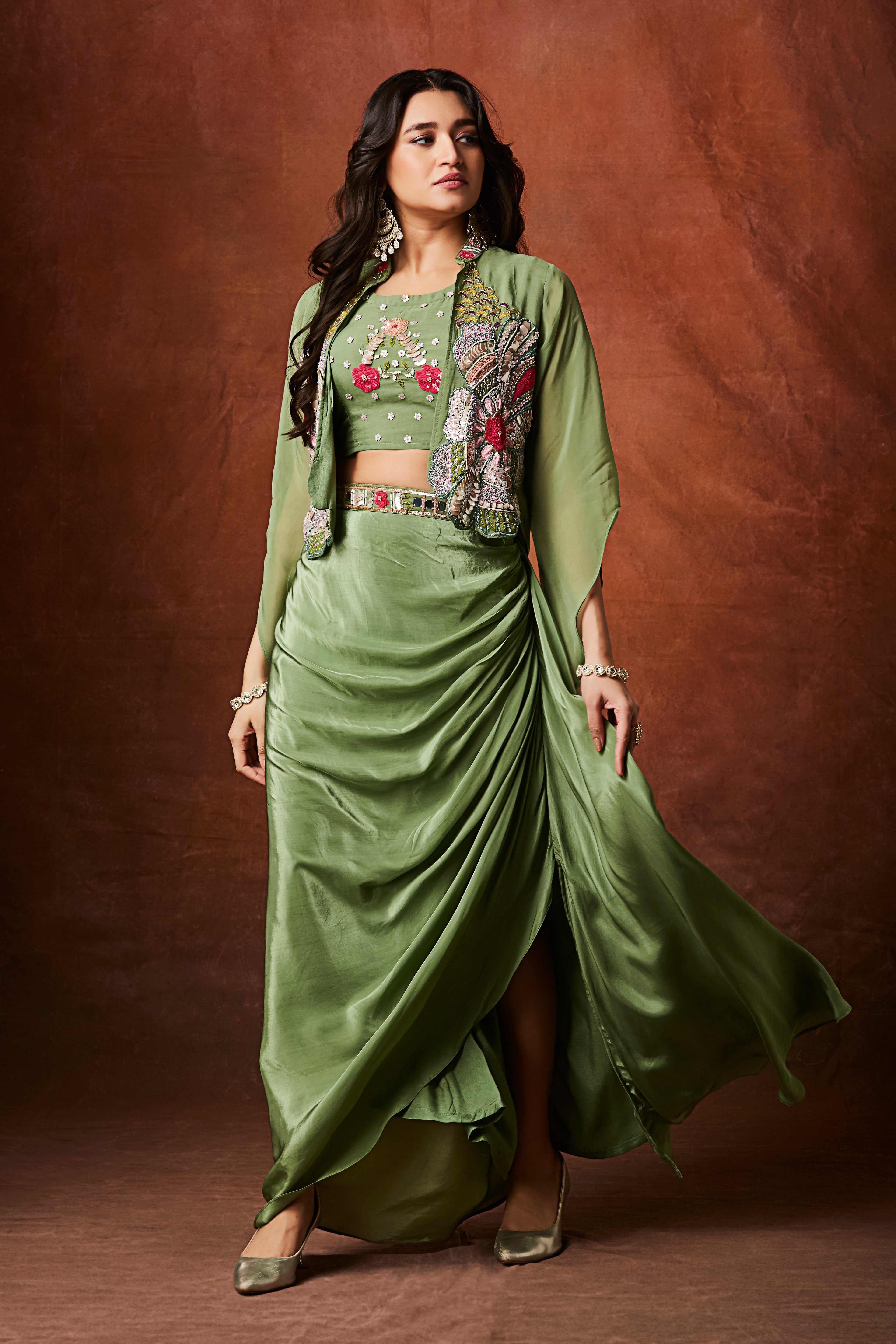 Sage Green Embellished Crepe Silk Skirt Set