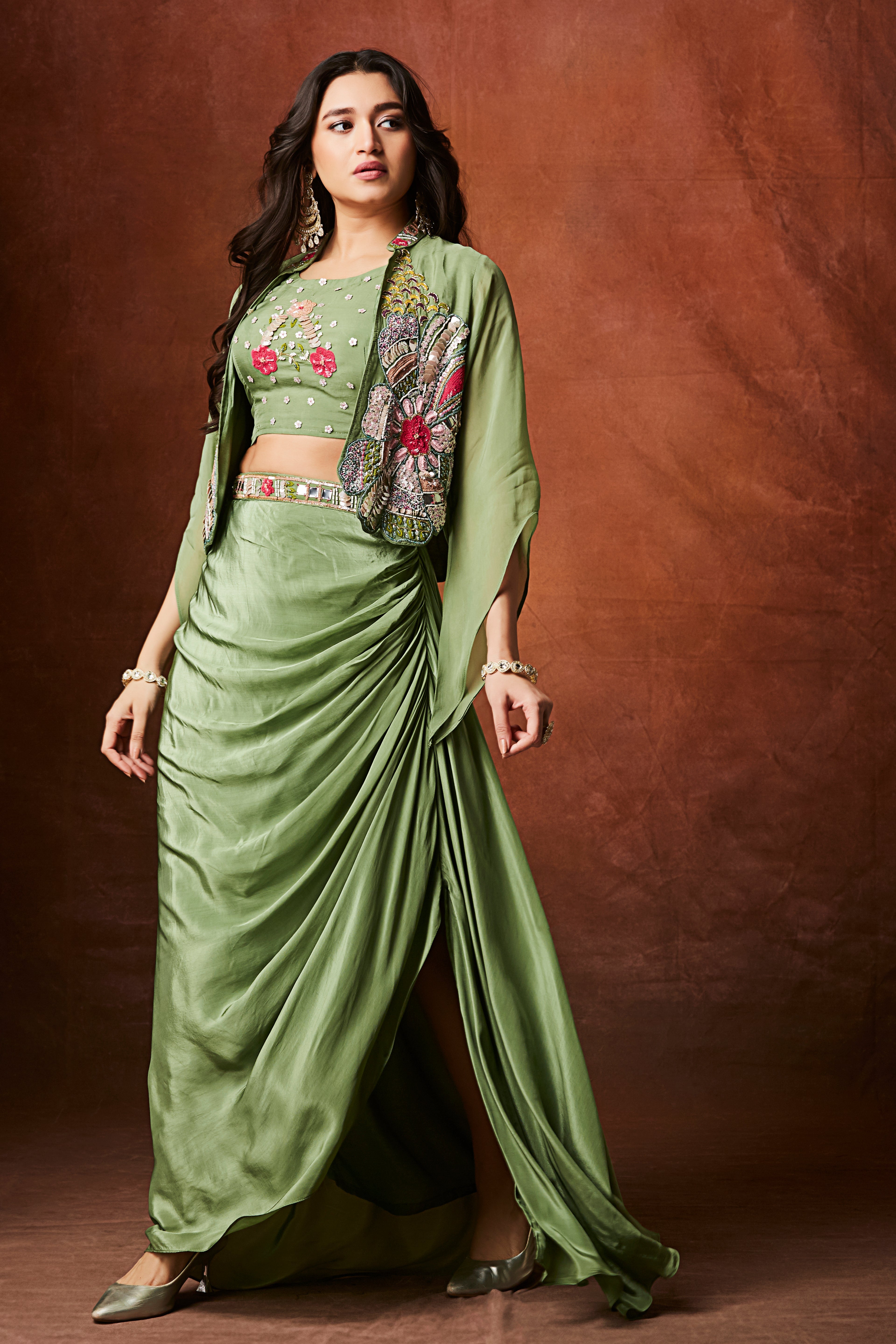 Sage Green Embellished Crepe Silk Skirt Set