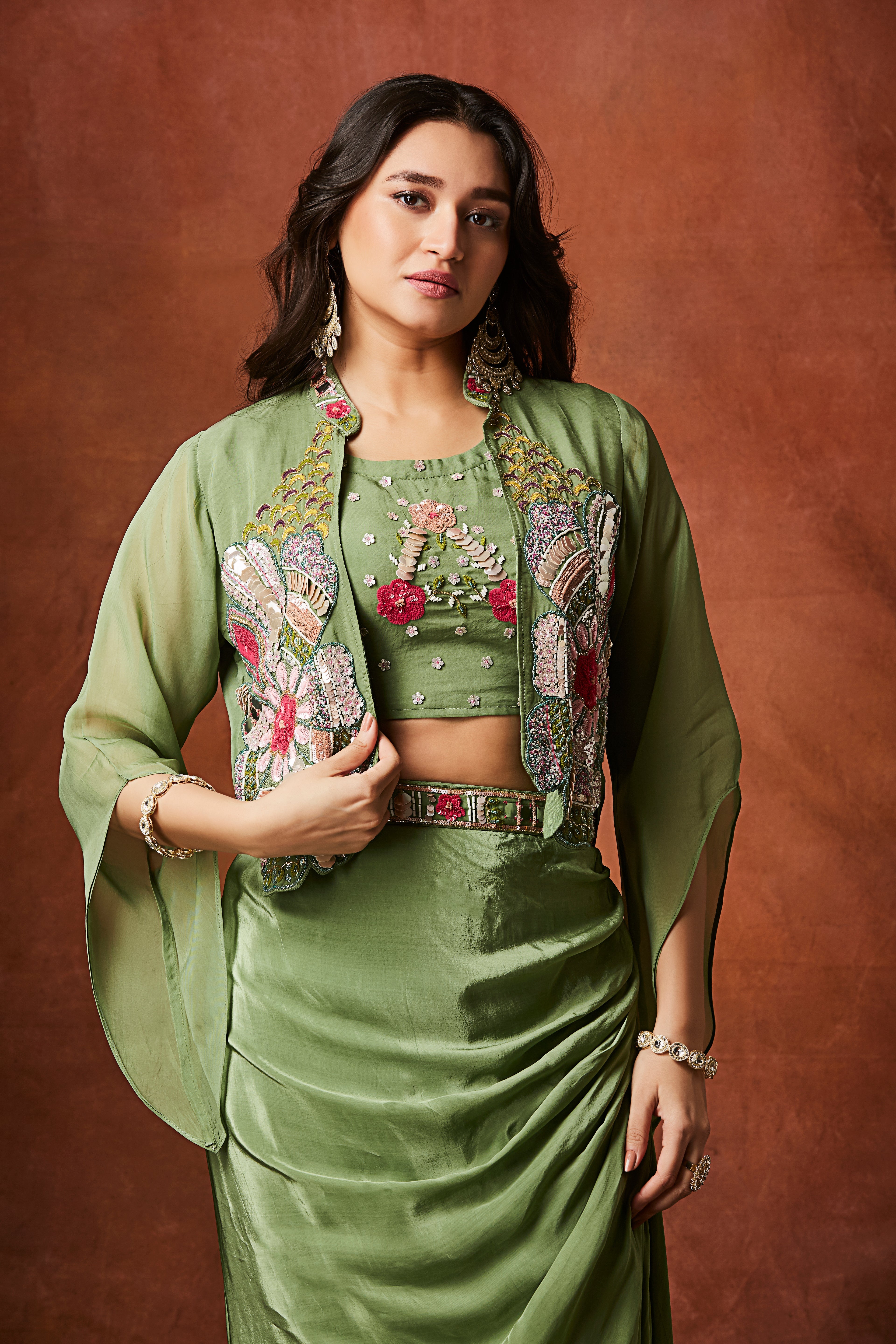 Sage Green Embellished Crepe Silk Skirt Set