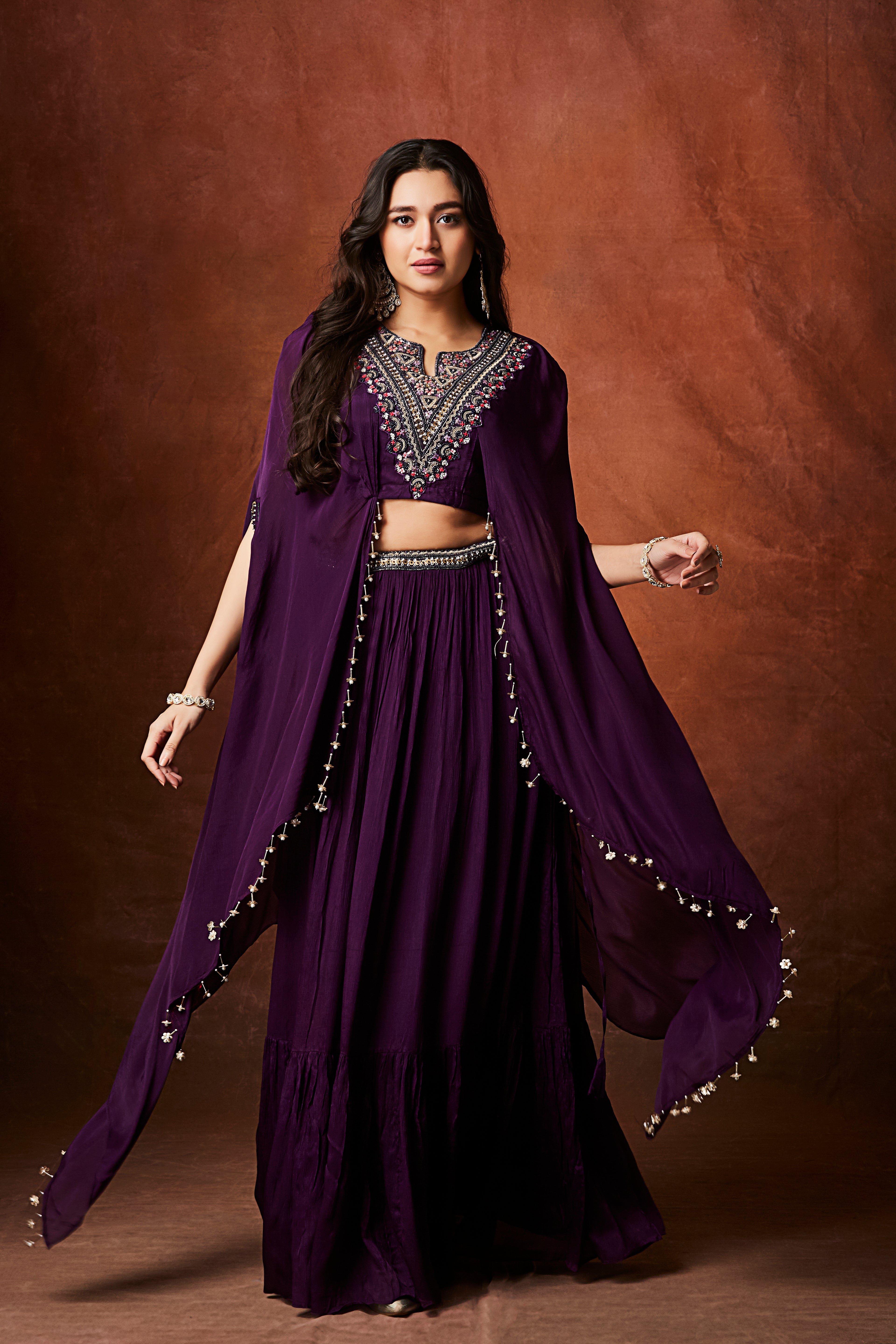 Royal Purple Embellished Chinon Silk Skirt Set