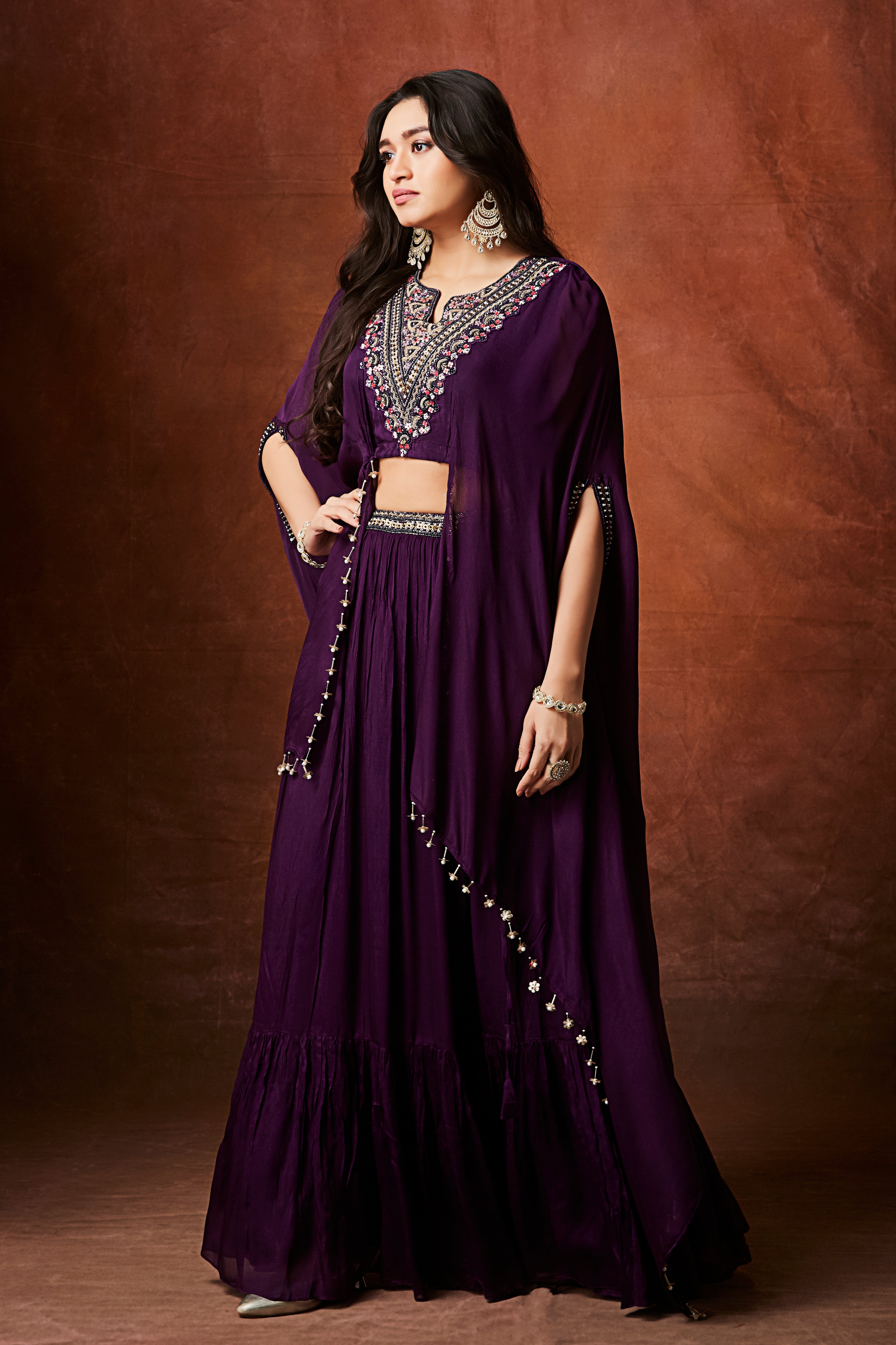 Royal Purple Embellished Chinon Silk Skirt Set