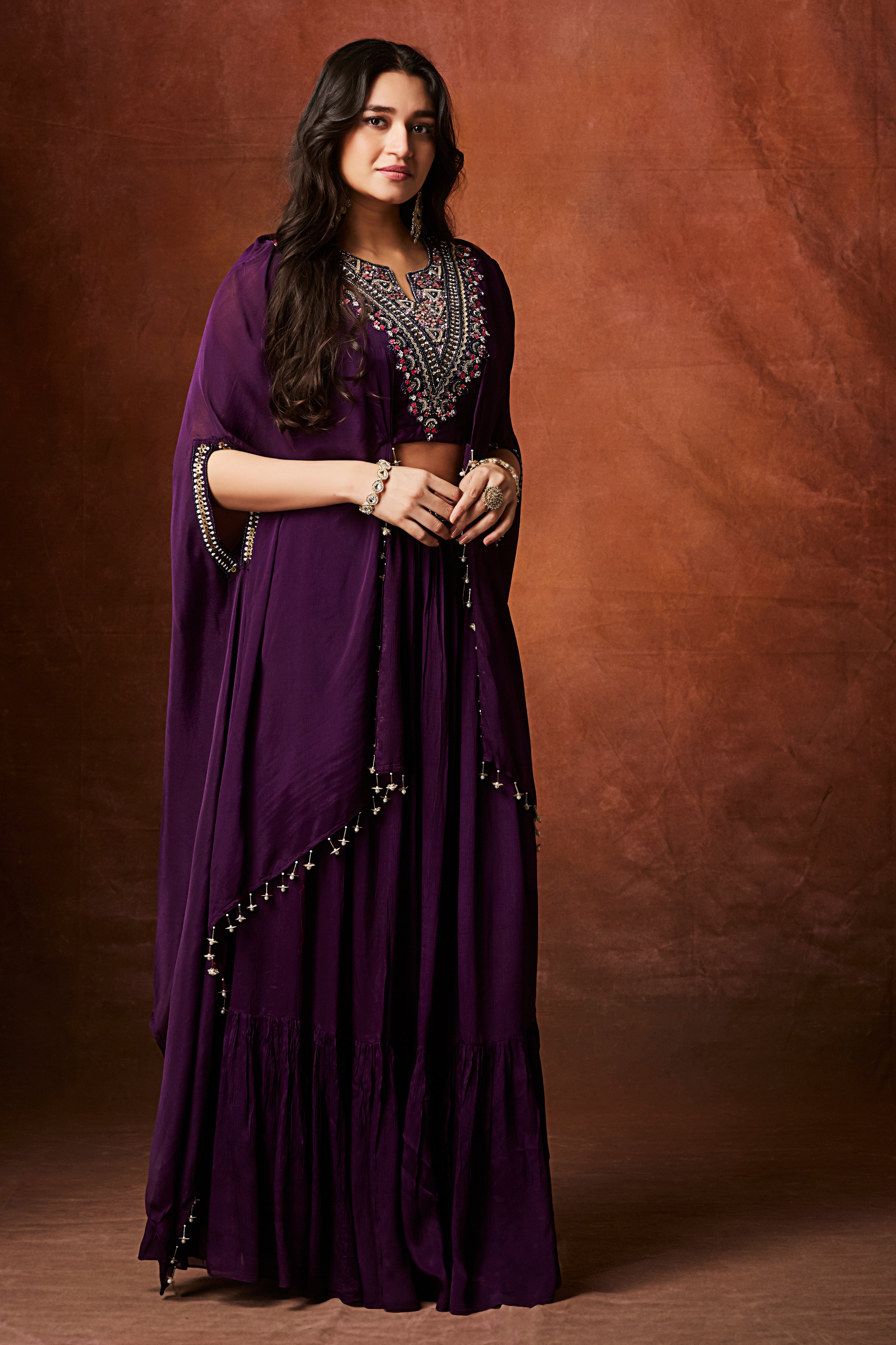 Royal Purple Embellished Chinon Silk Skirt Set