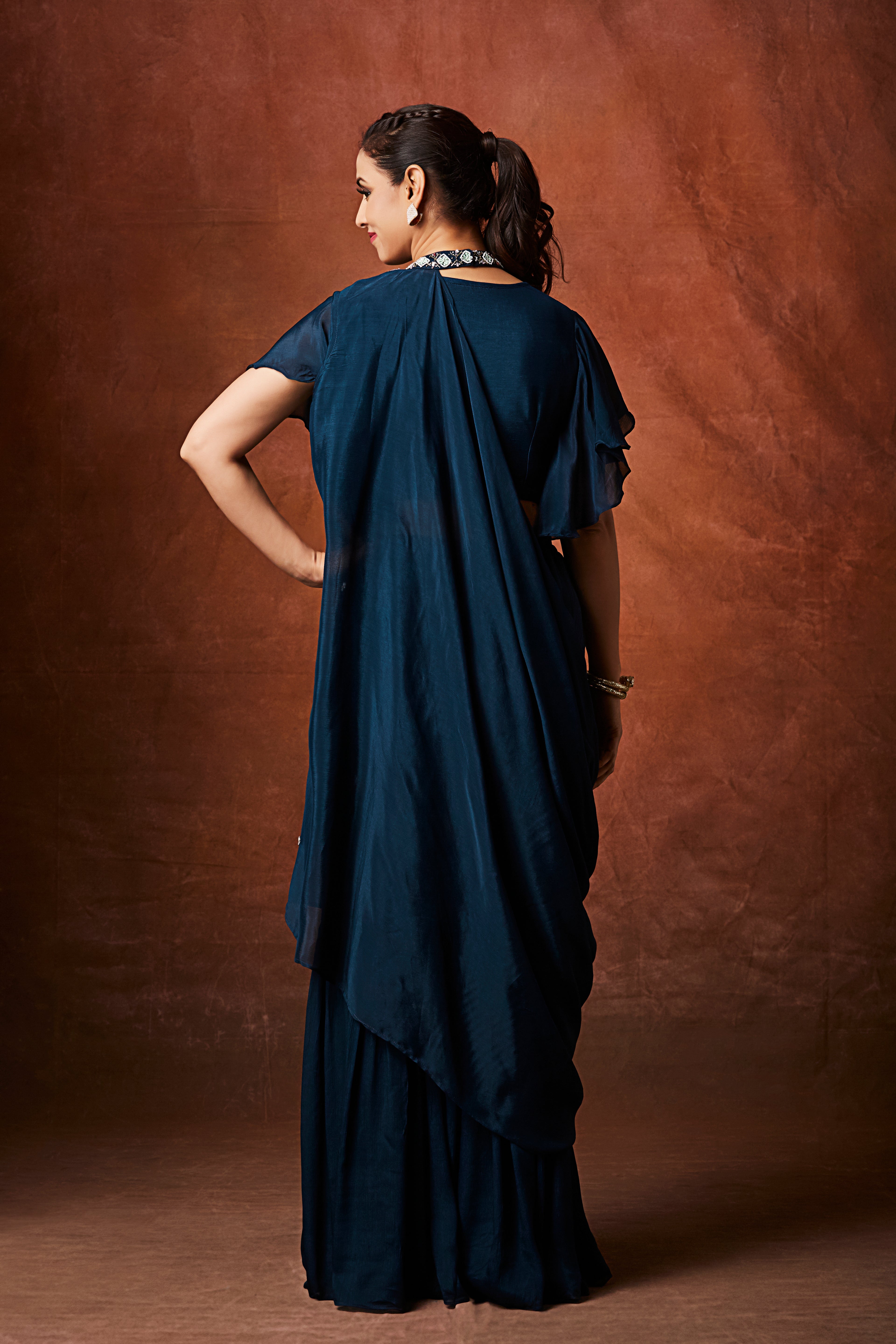 Dark Teal Embellished Chinon Silk Palazzo Set