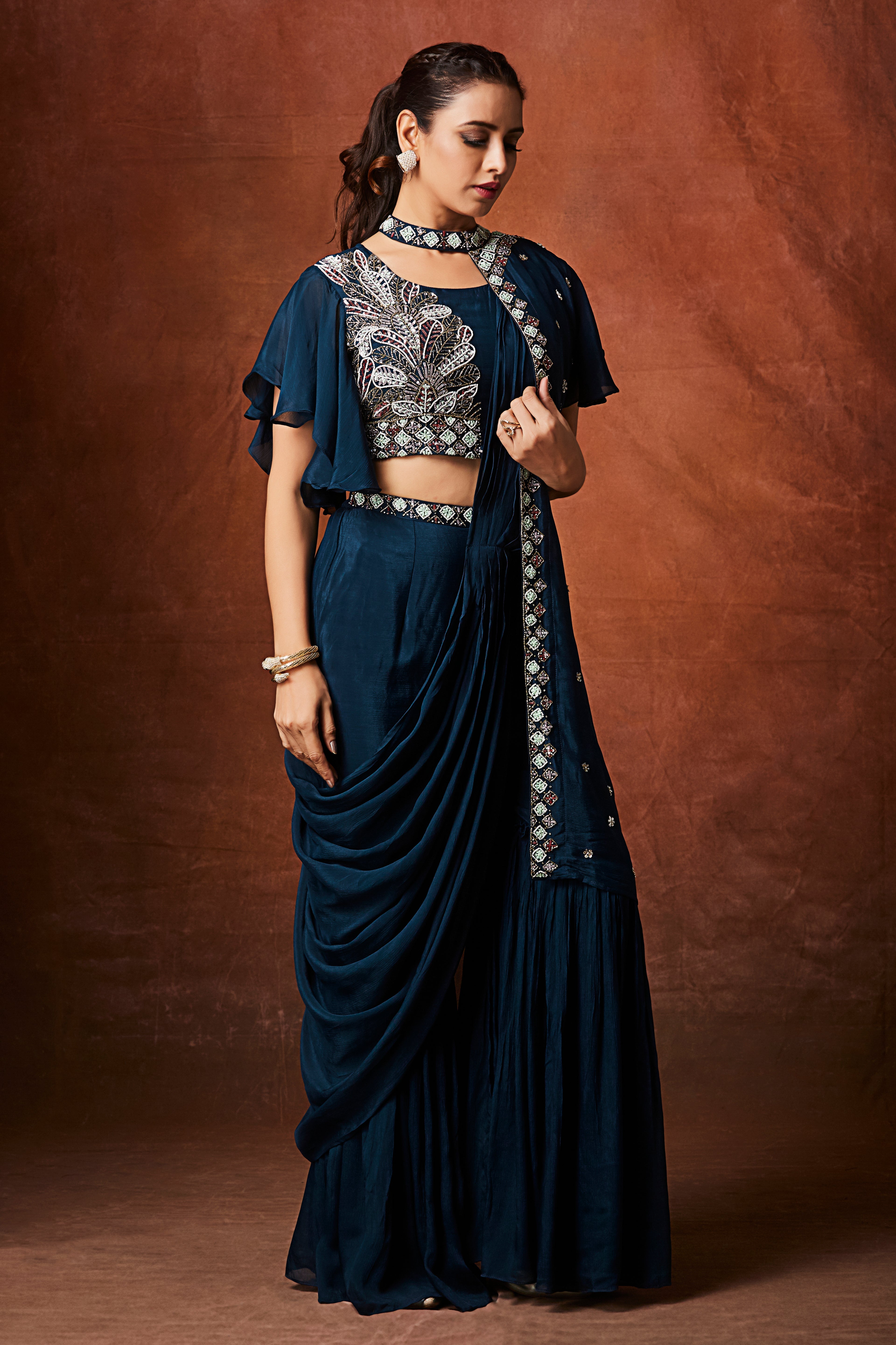 Dark Teal Embellished Chinon Silk Palazzo Set