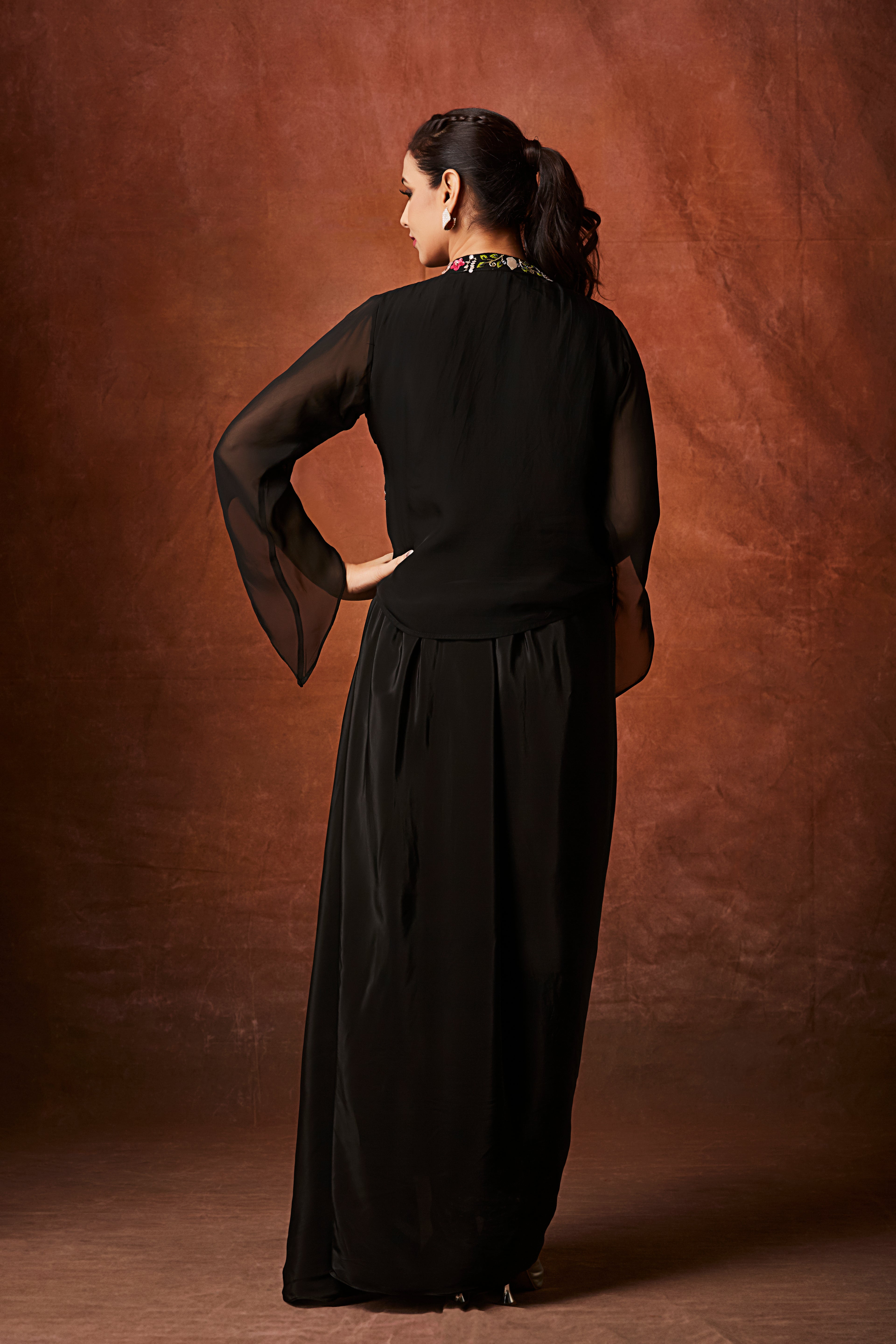 Classic Black Embellished Crepe Silk Skirt Set