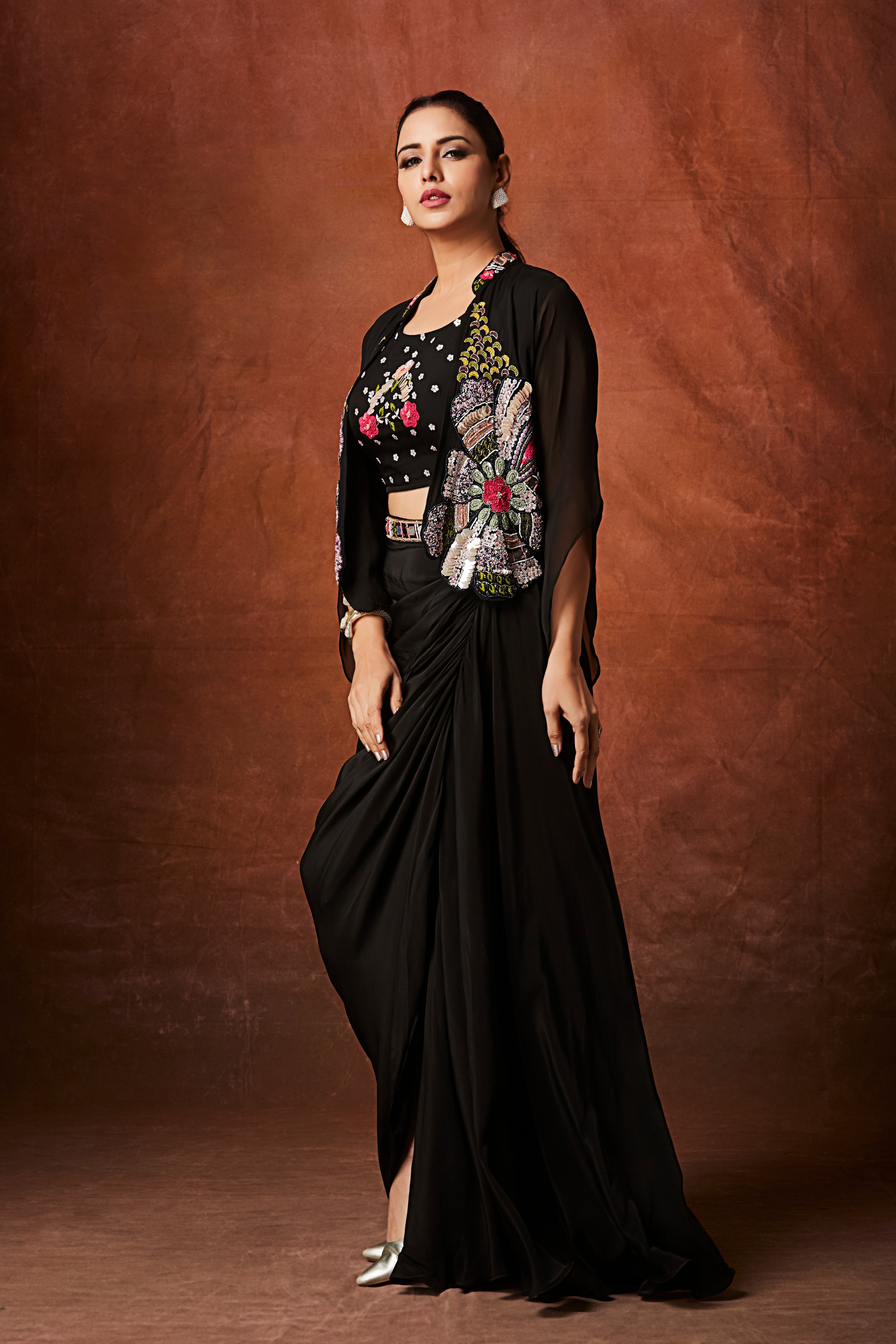 Classic Black Embellished Crepe Silk Skirt Set