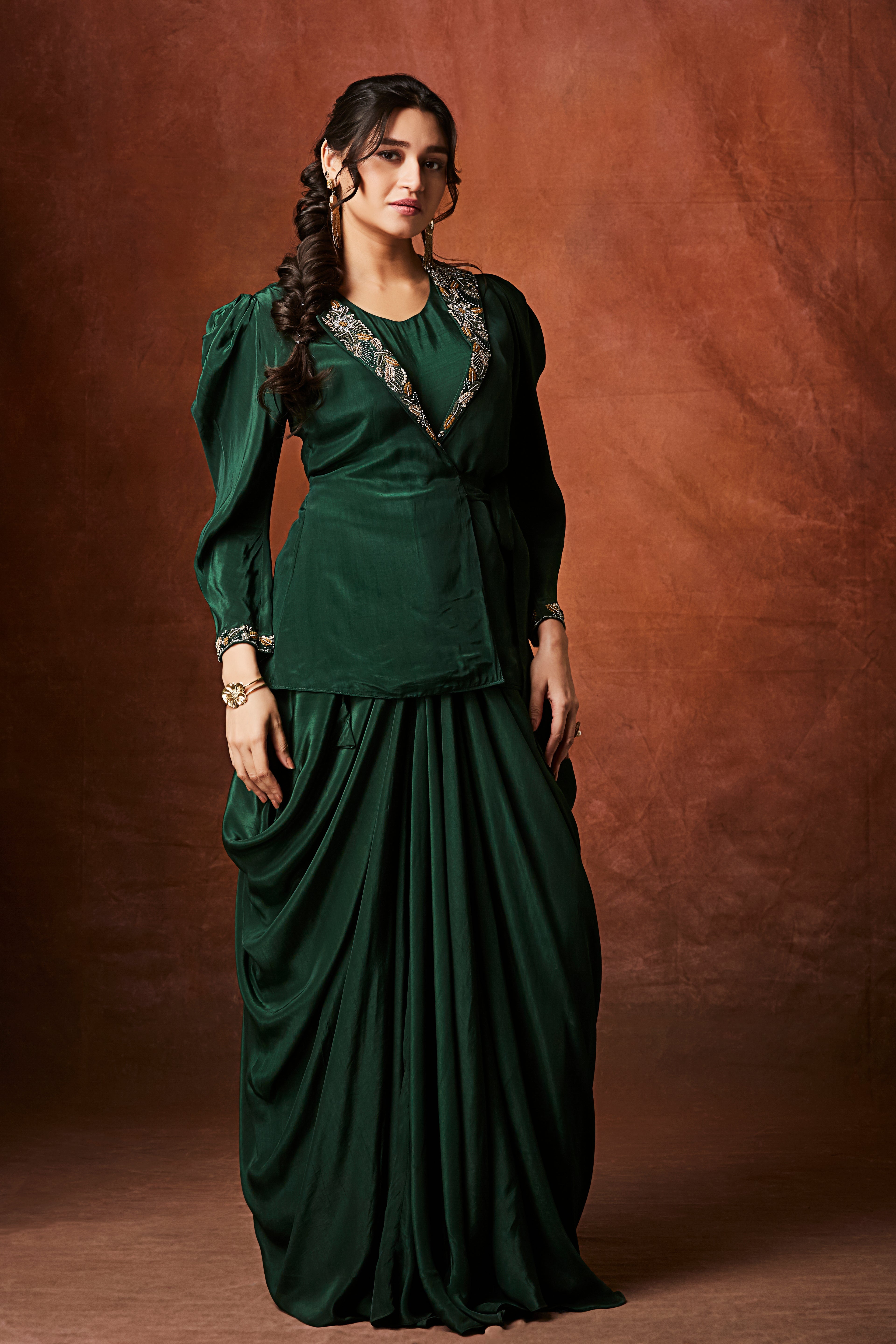 Emerald Green Embellished Crepe Silk Skirt Set