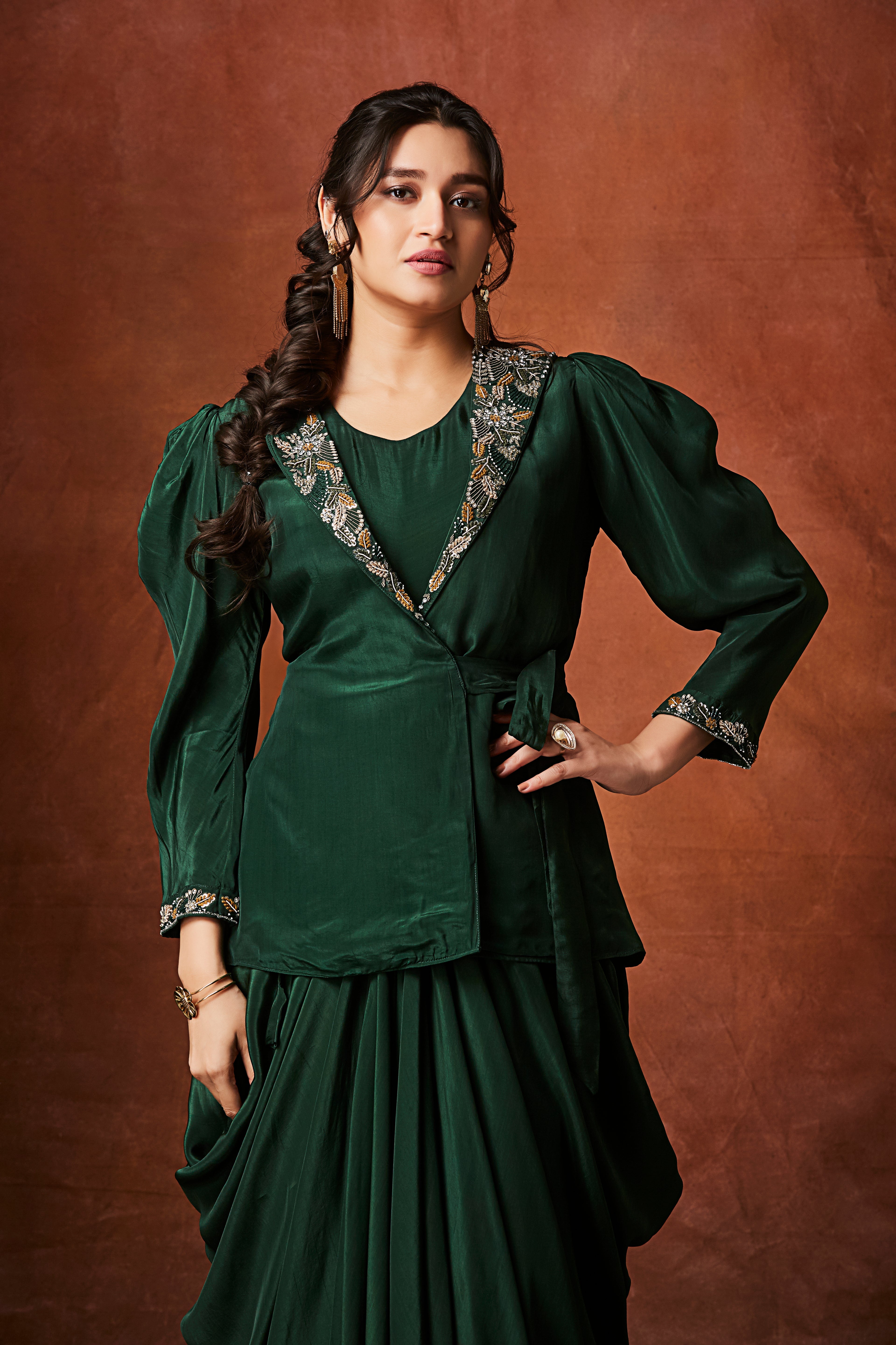 Emerald Green Embellished Crepe Silk Skirt Set