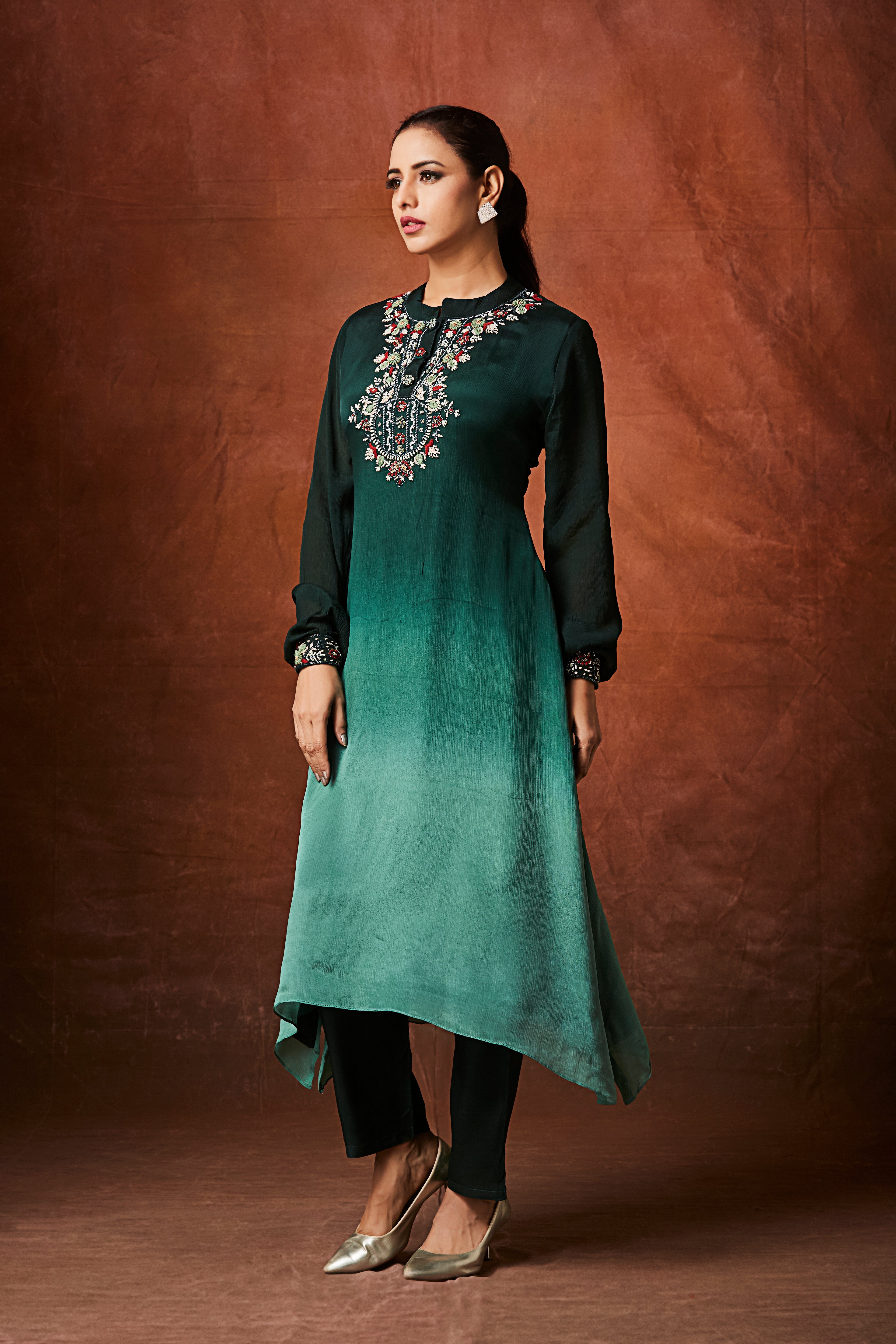 Dark Green to Sea Green Ombre Chinon Silk Kurta Set