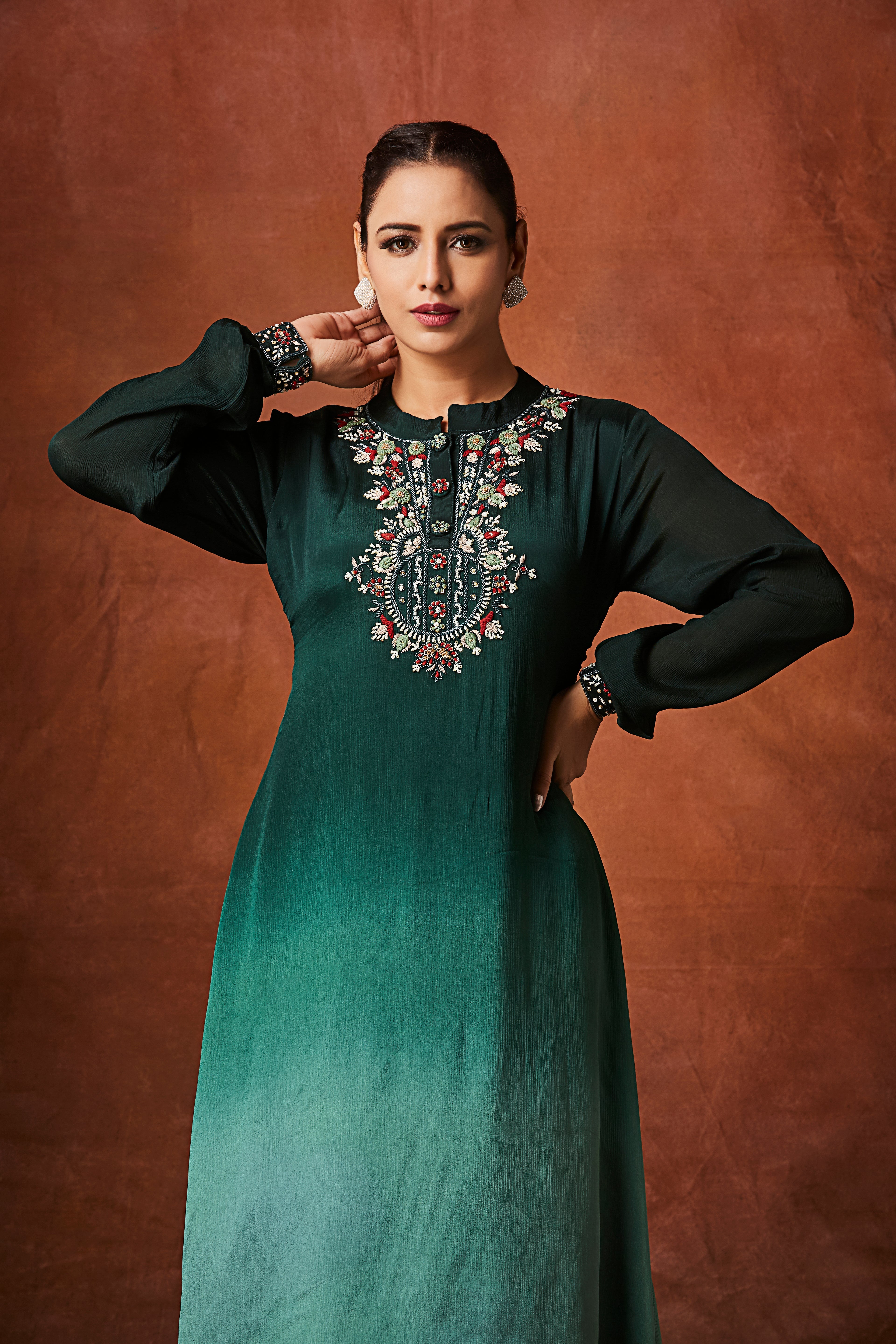 Dark Green to Sea Green Ombre Chinon Silk Kurta Set