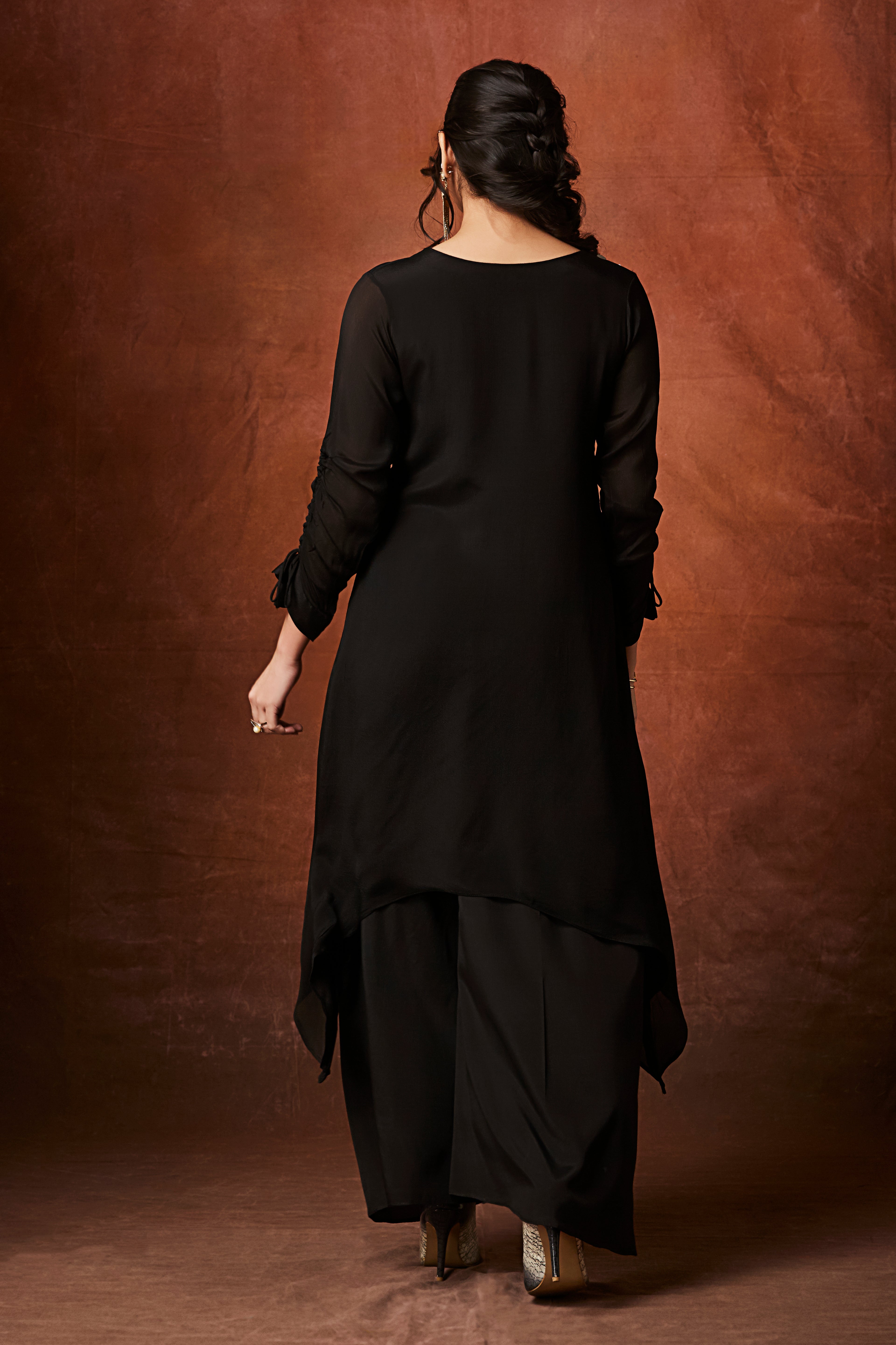 Black Embellished Chinon Silk Palazzo Set