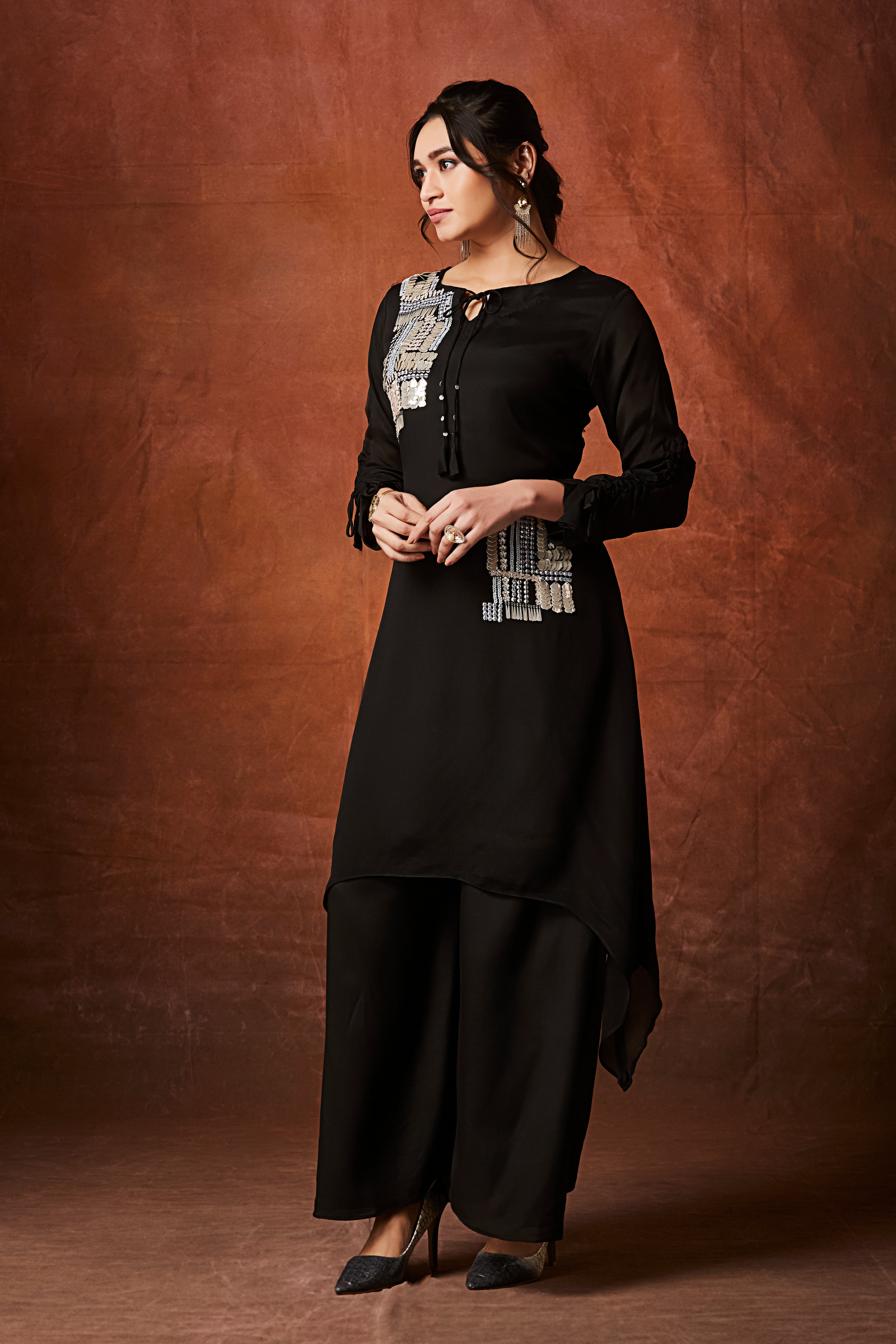 Black Embellished Chinon Silk Palazzo Set