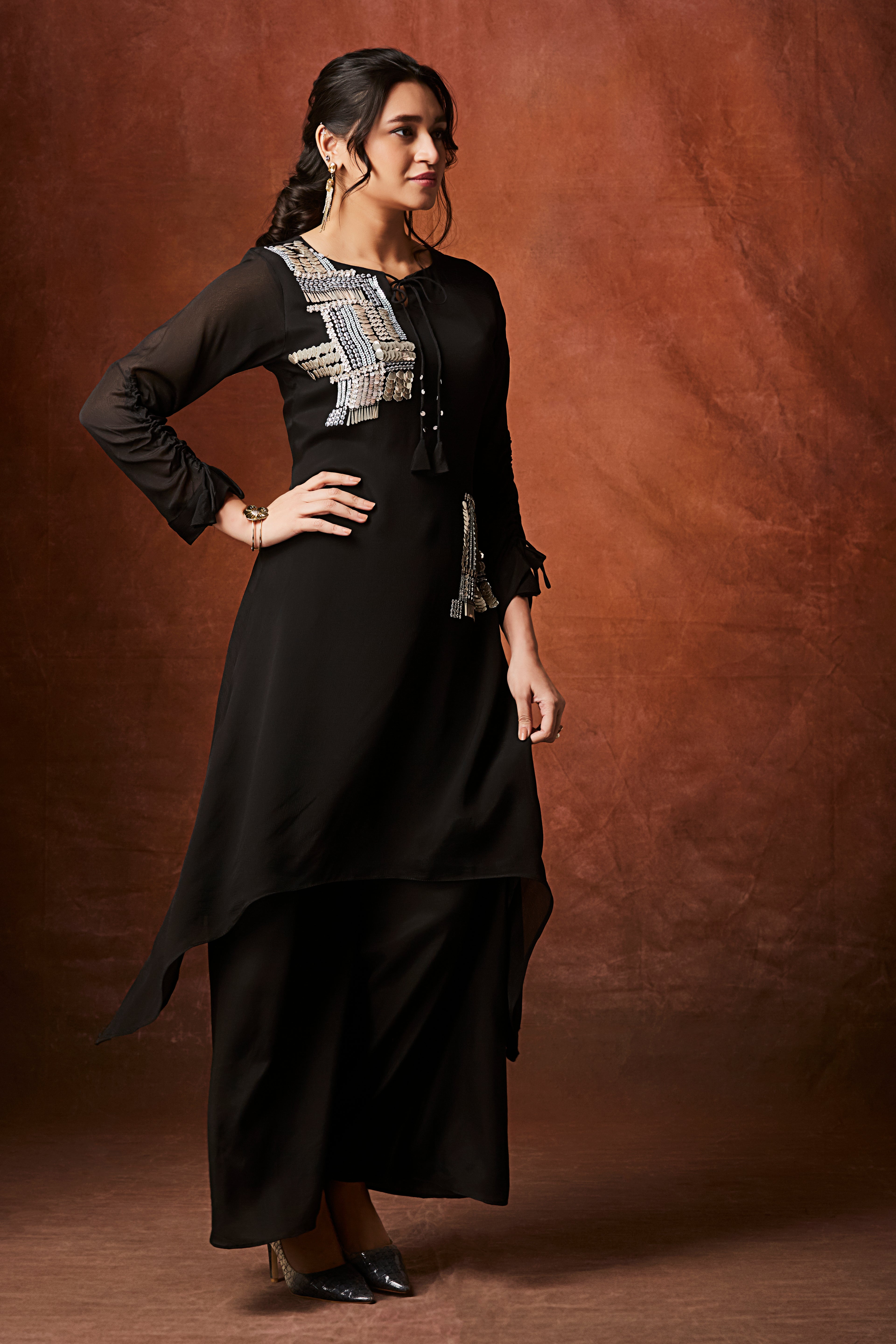 Black Embellished Chinon Silk Palazzo Set