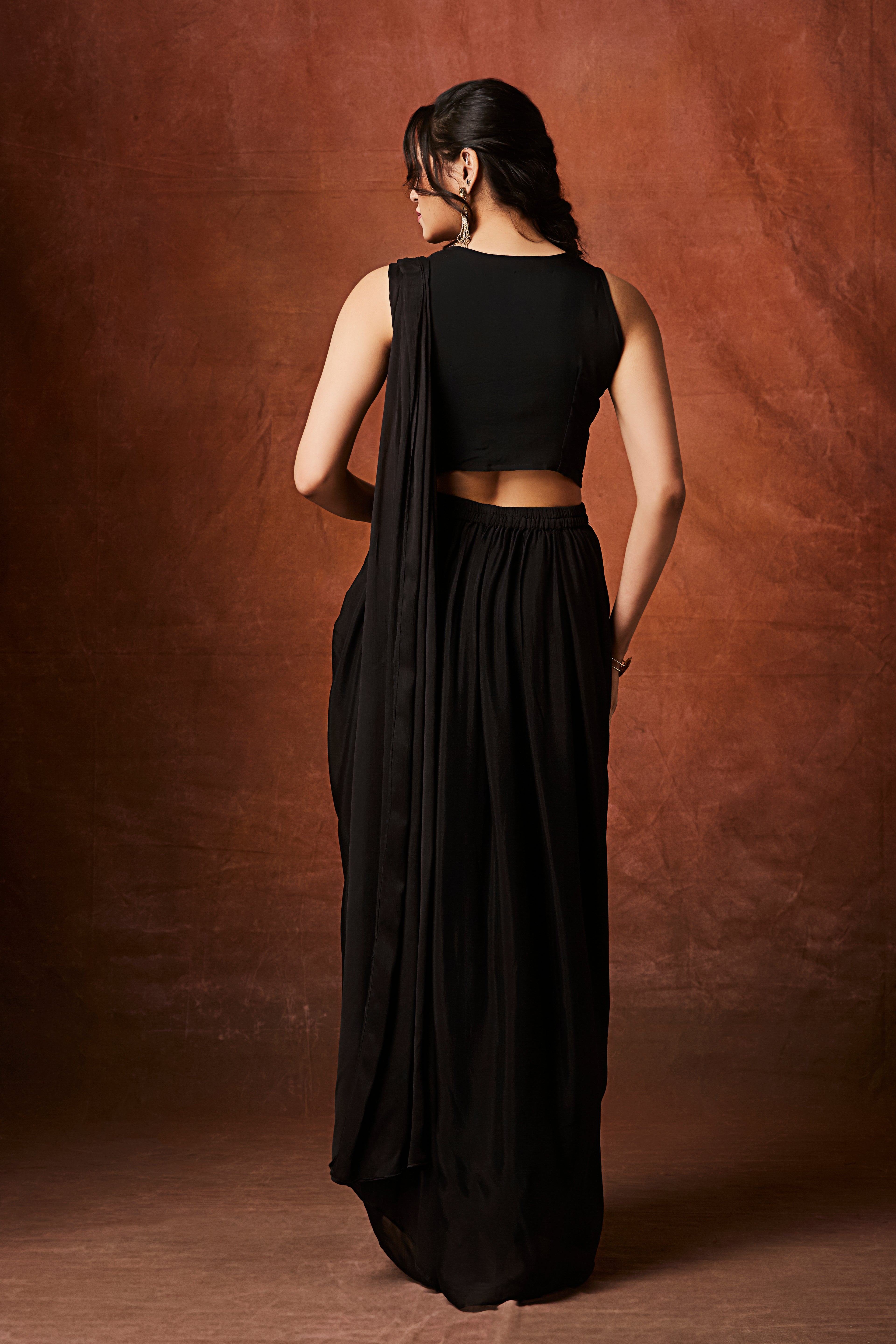 Hot Black Embellished Chinon Silk Drape Saree