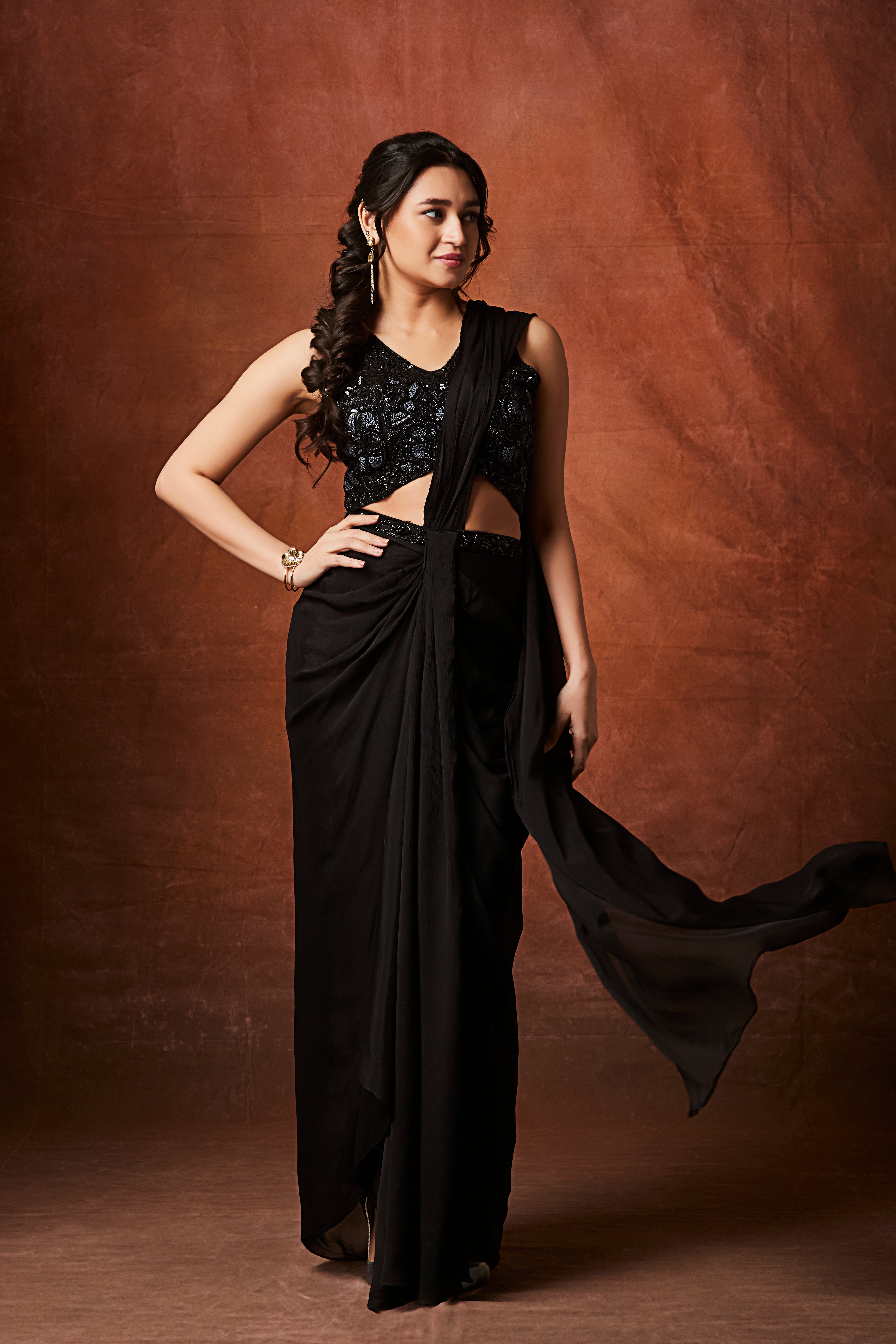 Hot Black Embellished Chinon Silk Drape Saree
