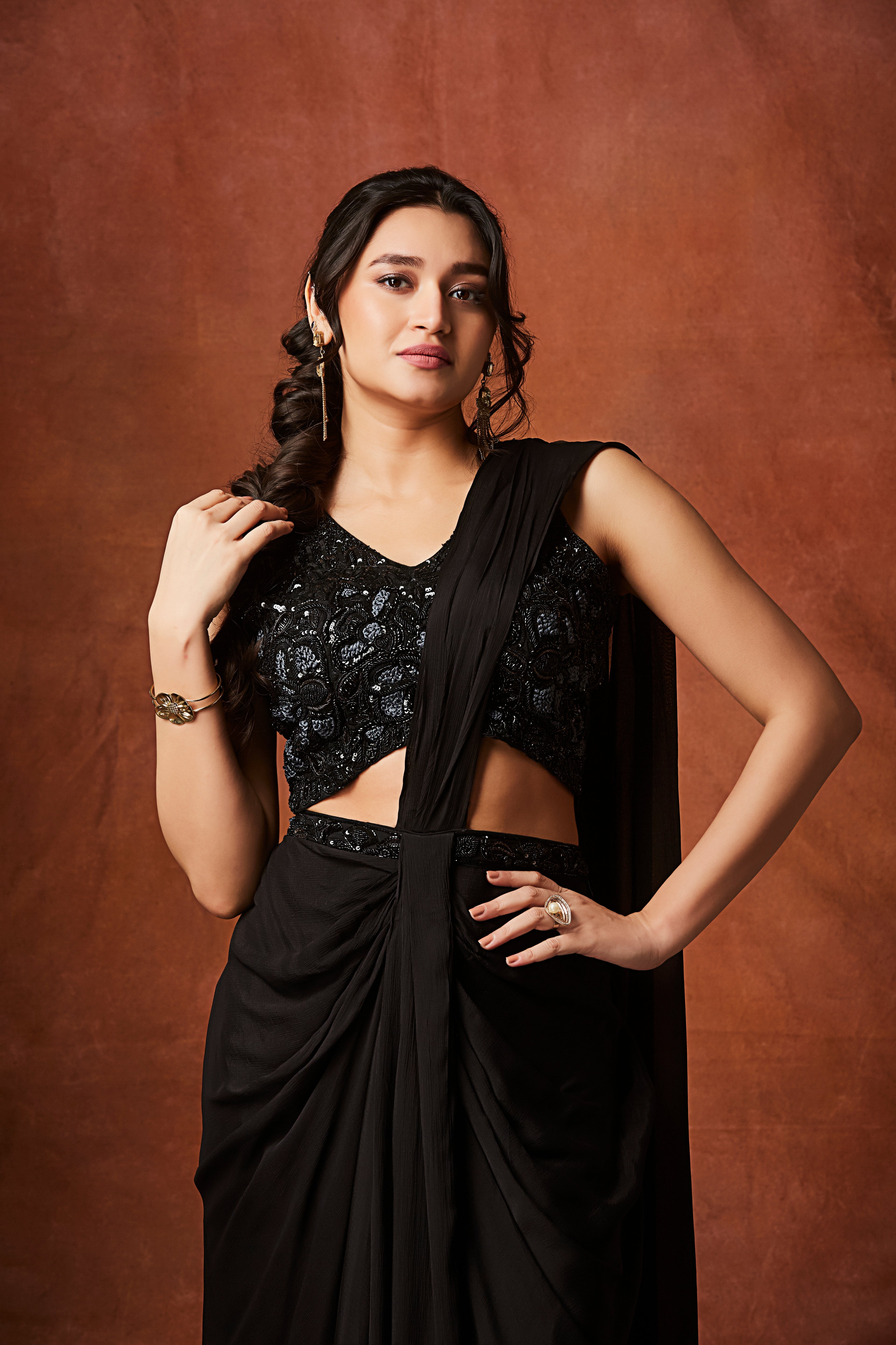 Hot Black Embellished Chinon Silk Drape Saree