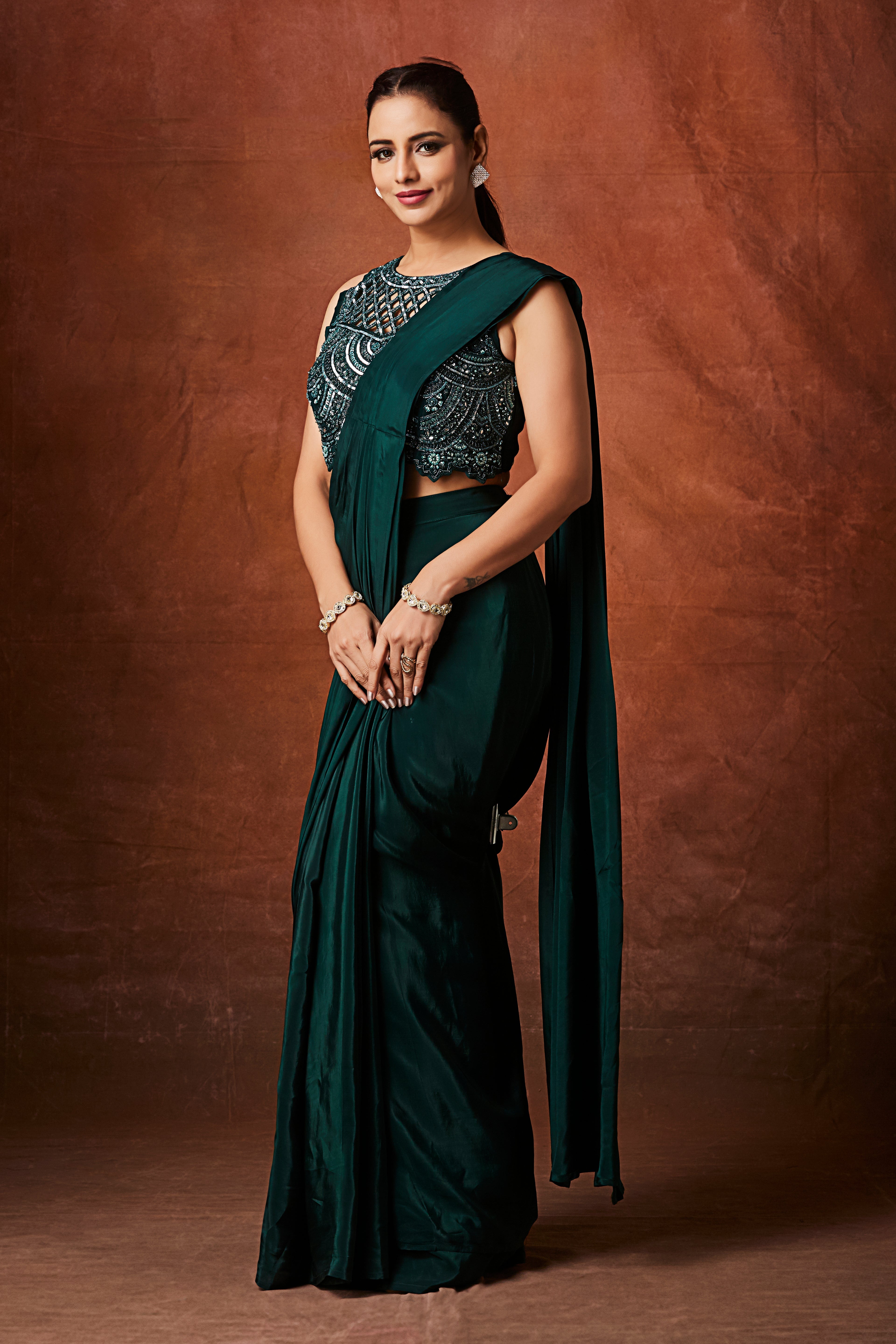 Leaf Green Embellished Crepe Silk Drape Saree