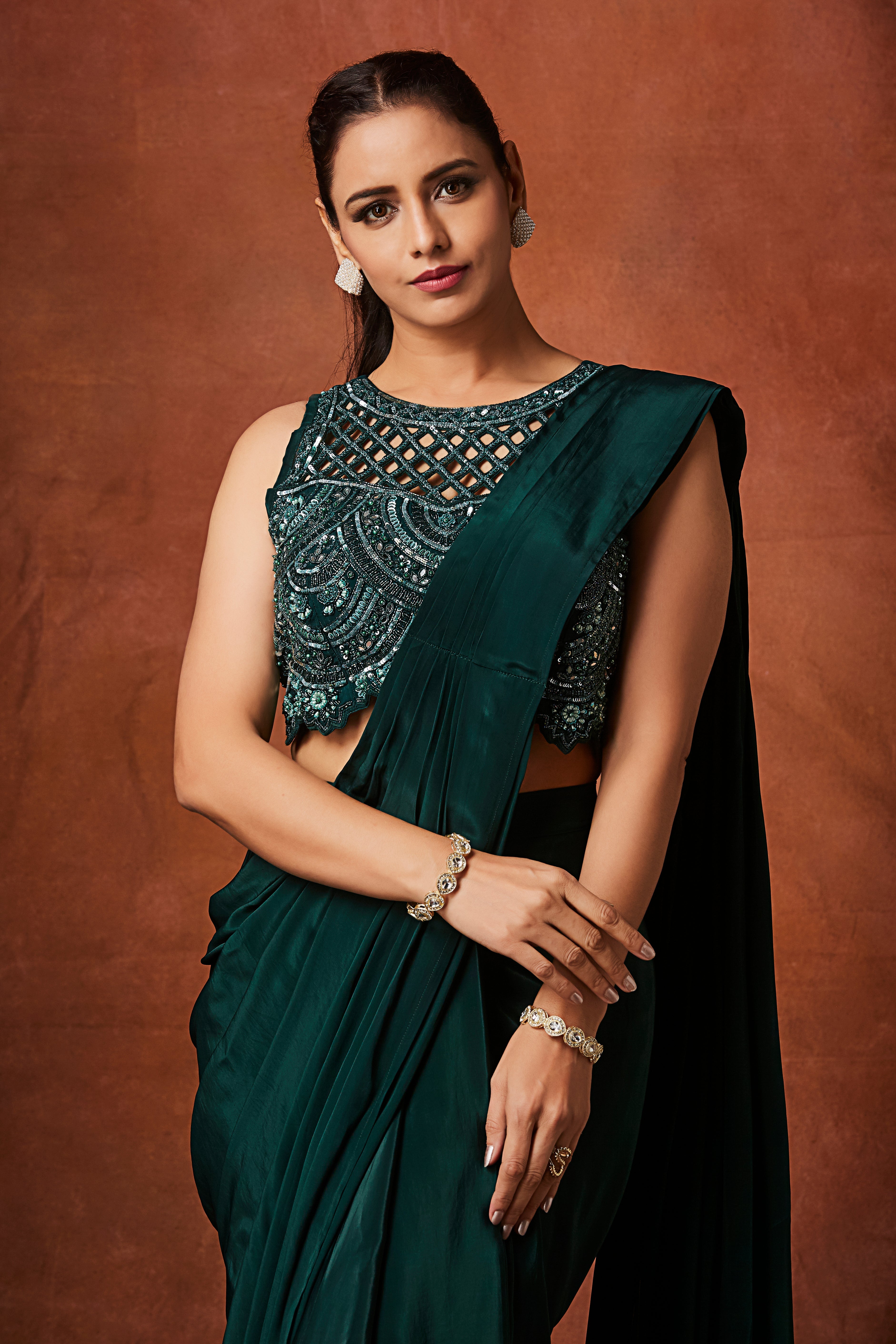 Leaf Green Embellished Crepe Silk Drape Saree