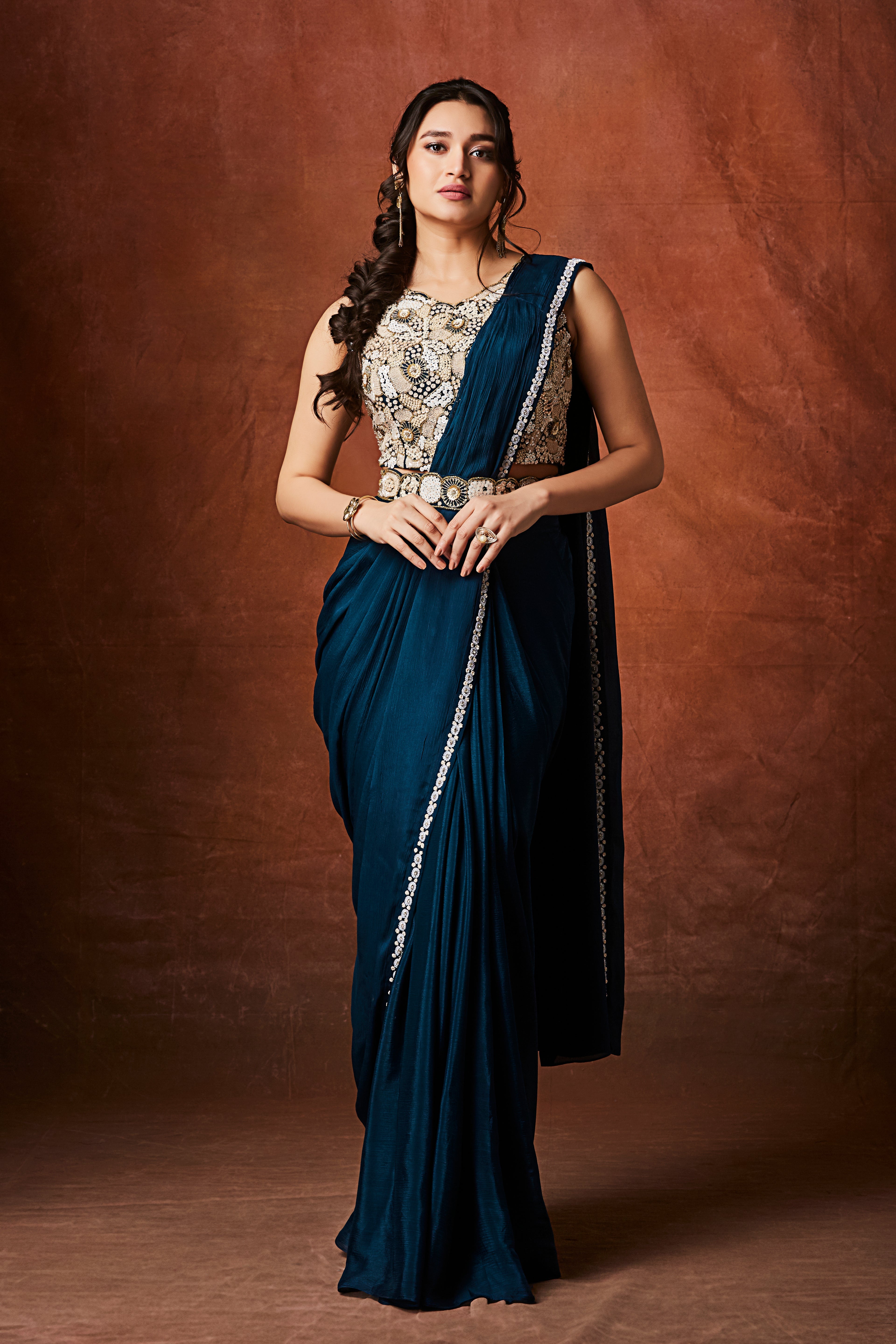 Rich Teal Embellished Chinon Silk Drape Saree