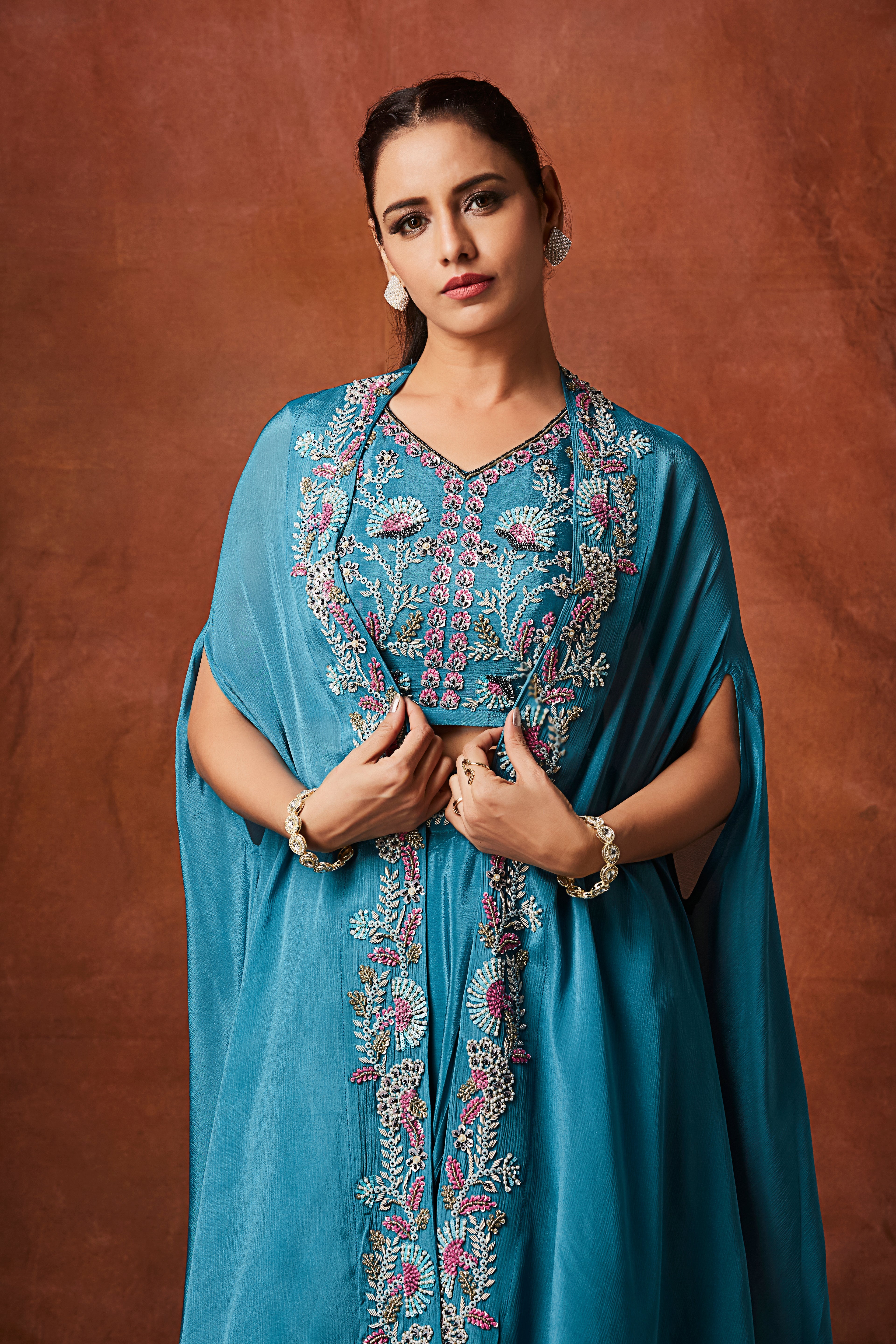 Marine Blue Embellished Chinon Silk Cape Set