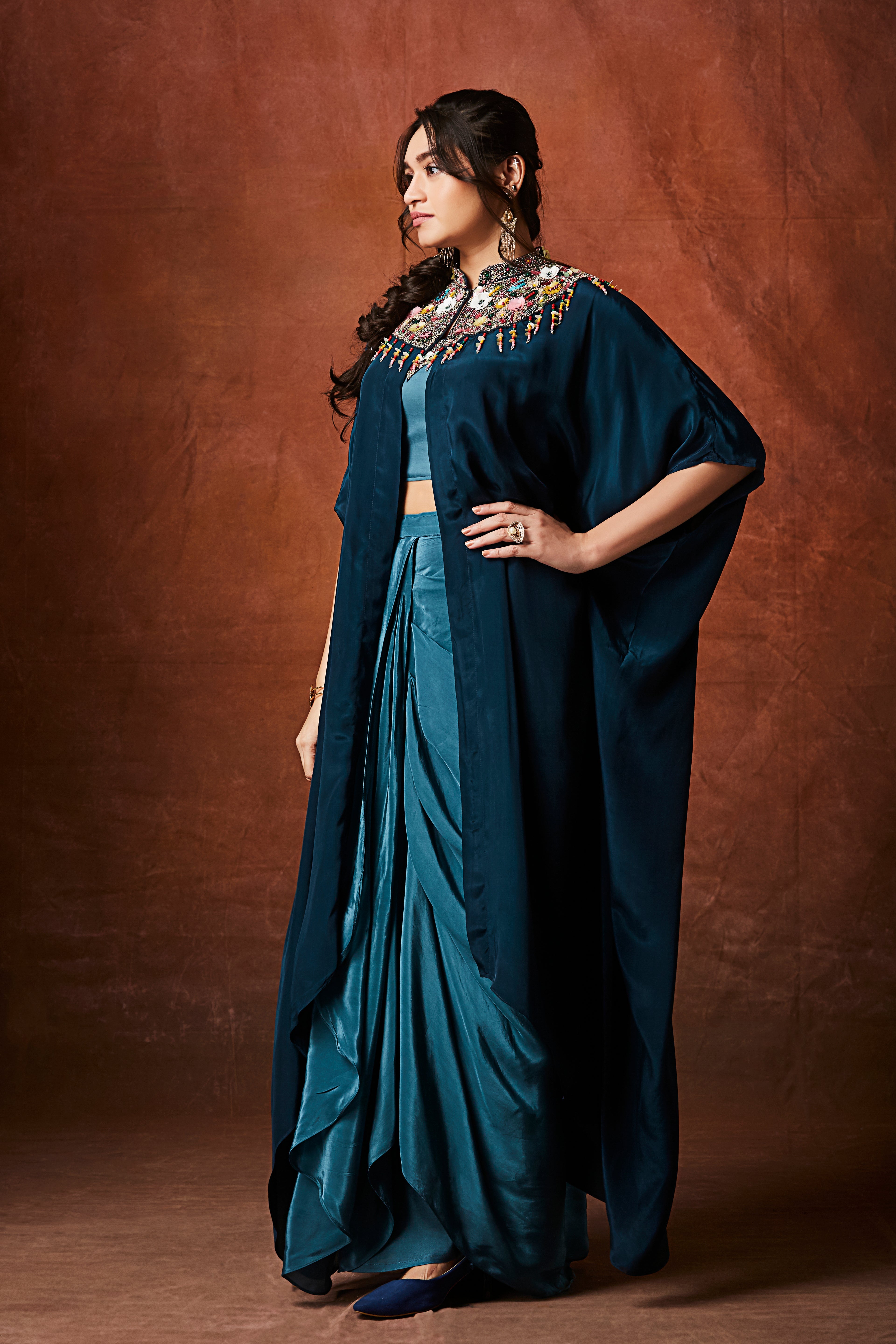 Deep Aqua Teal Embellished Crepe Silk Skirt Set