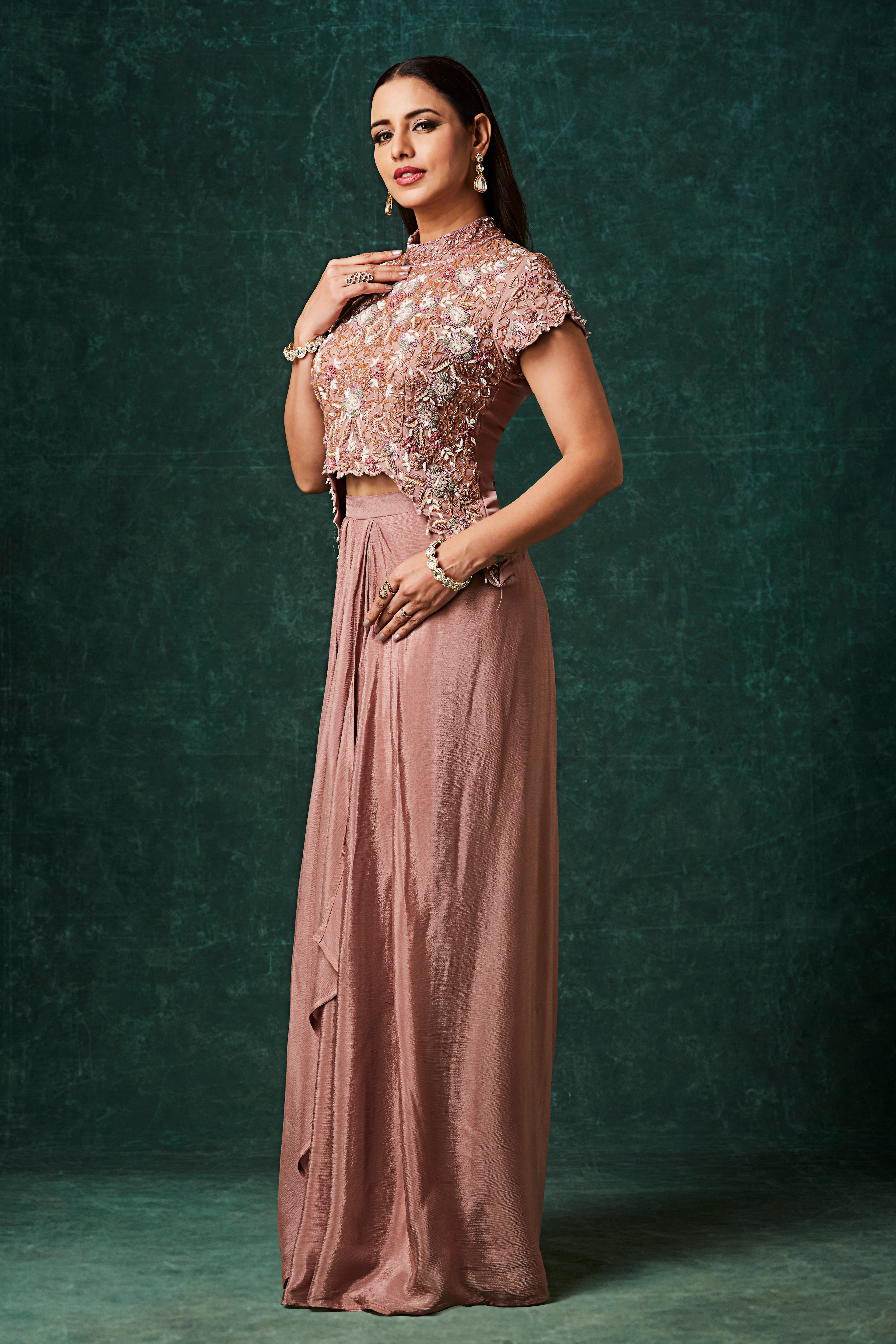 Dusty Rose Embellished Chinon Silk Skirt Set