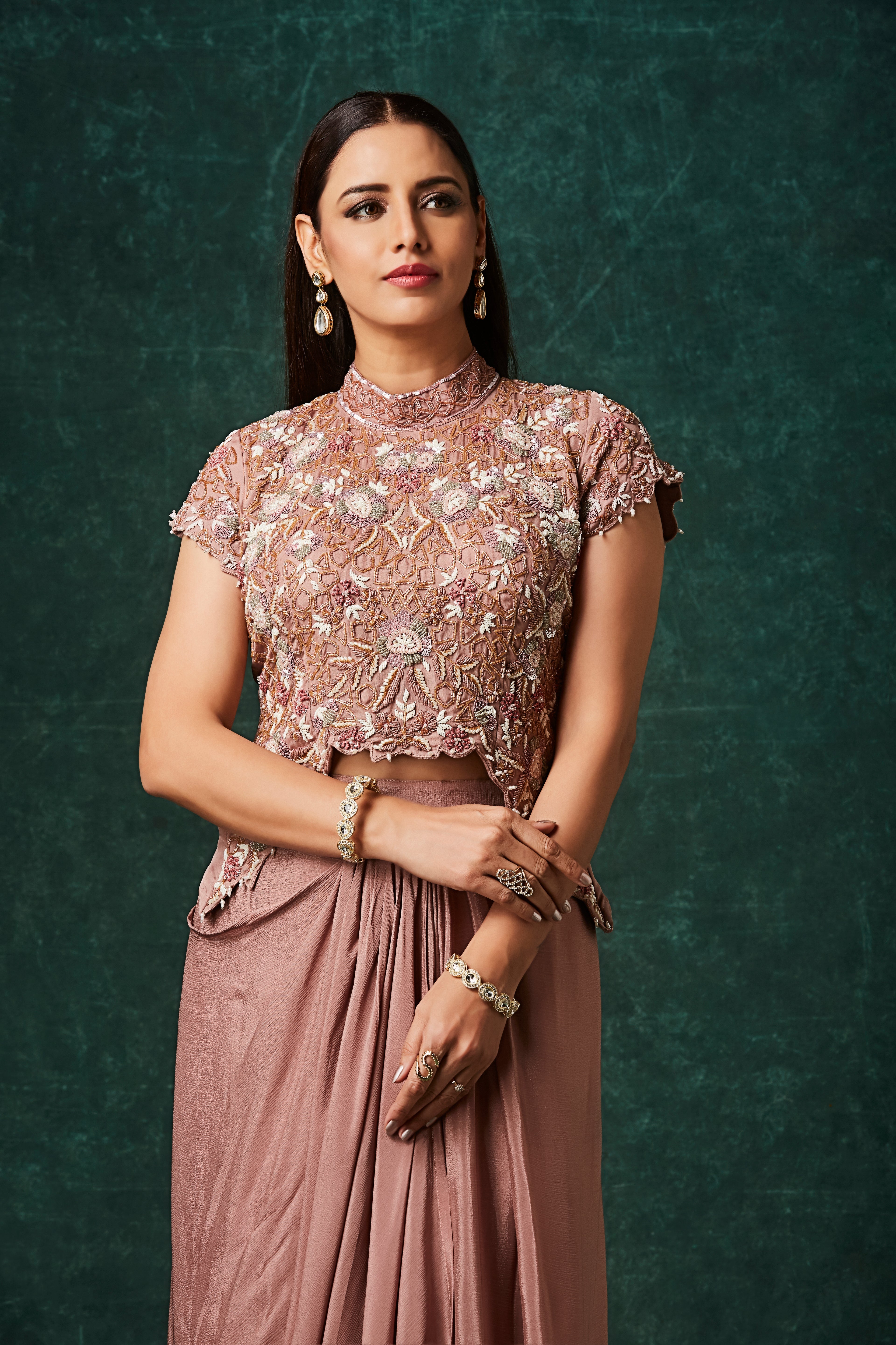Dusty Rose Embellished Chinon Silk Skirt Set