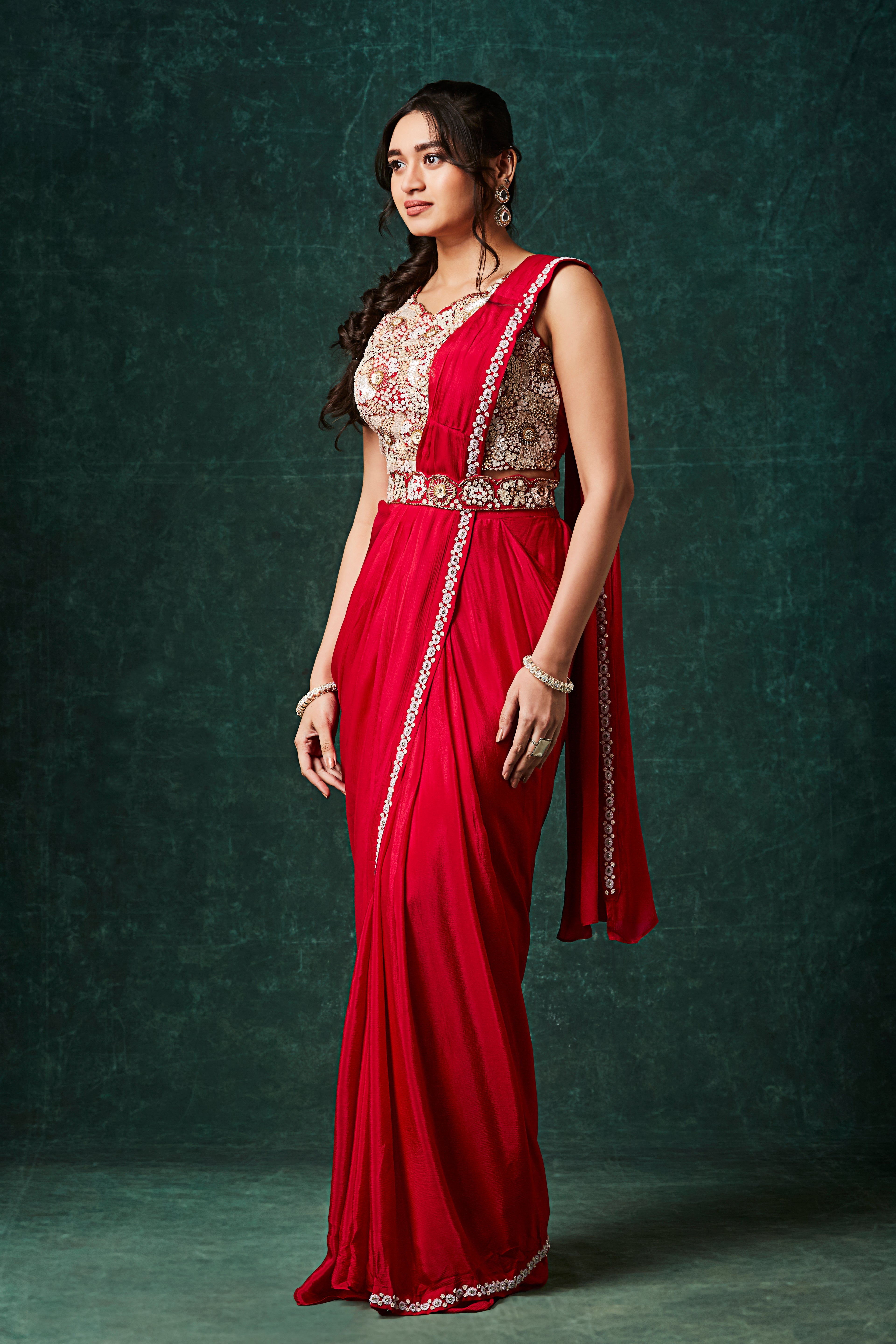 Bold Red Embellished Chinon Silk Drape Saree
