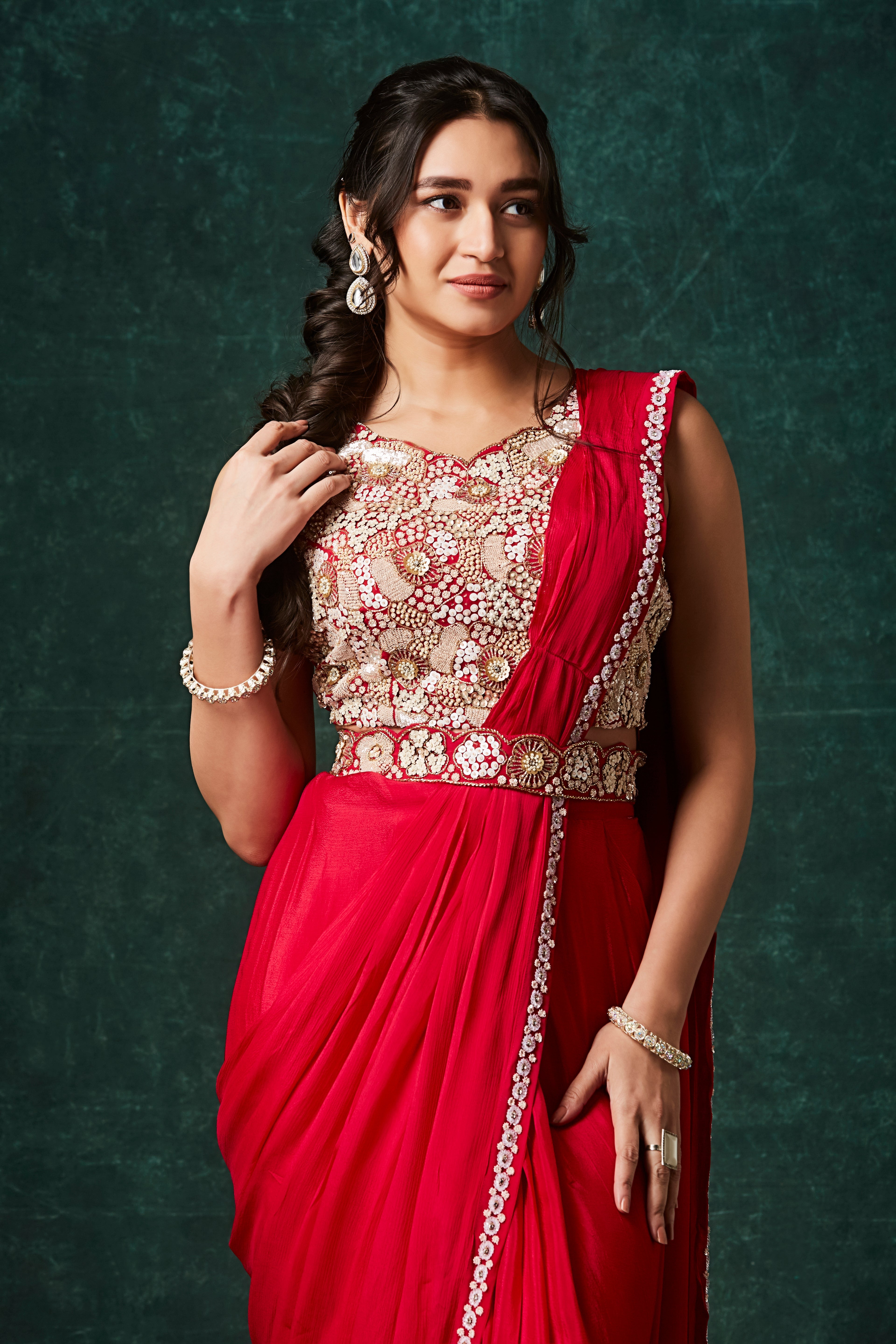 Bold Red Embellished Chinon Silk Drape Saree