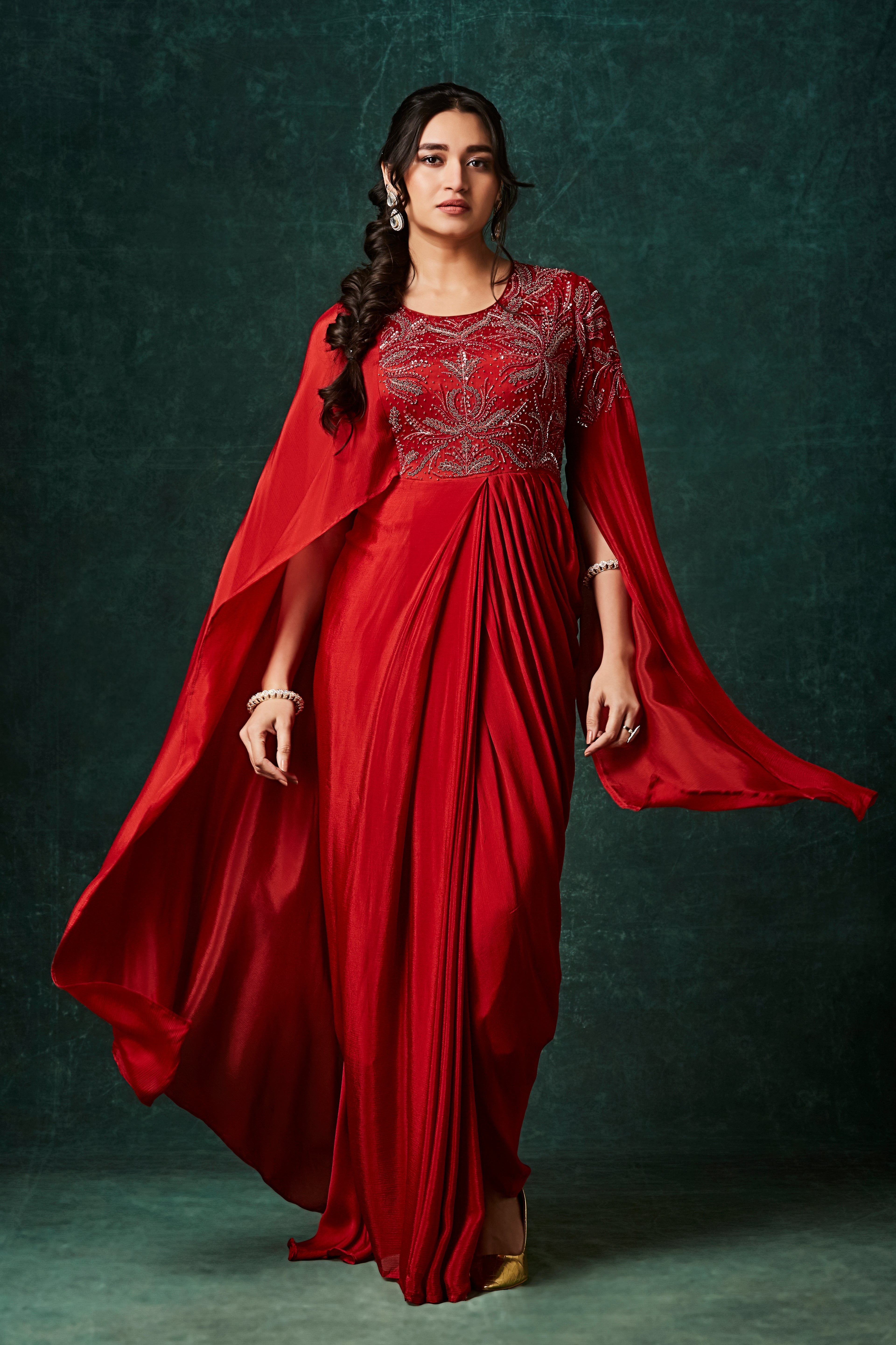 Rust Orange Embellished Chinon Silk Gown