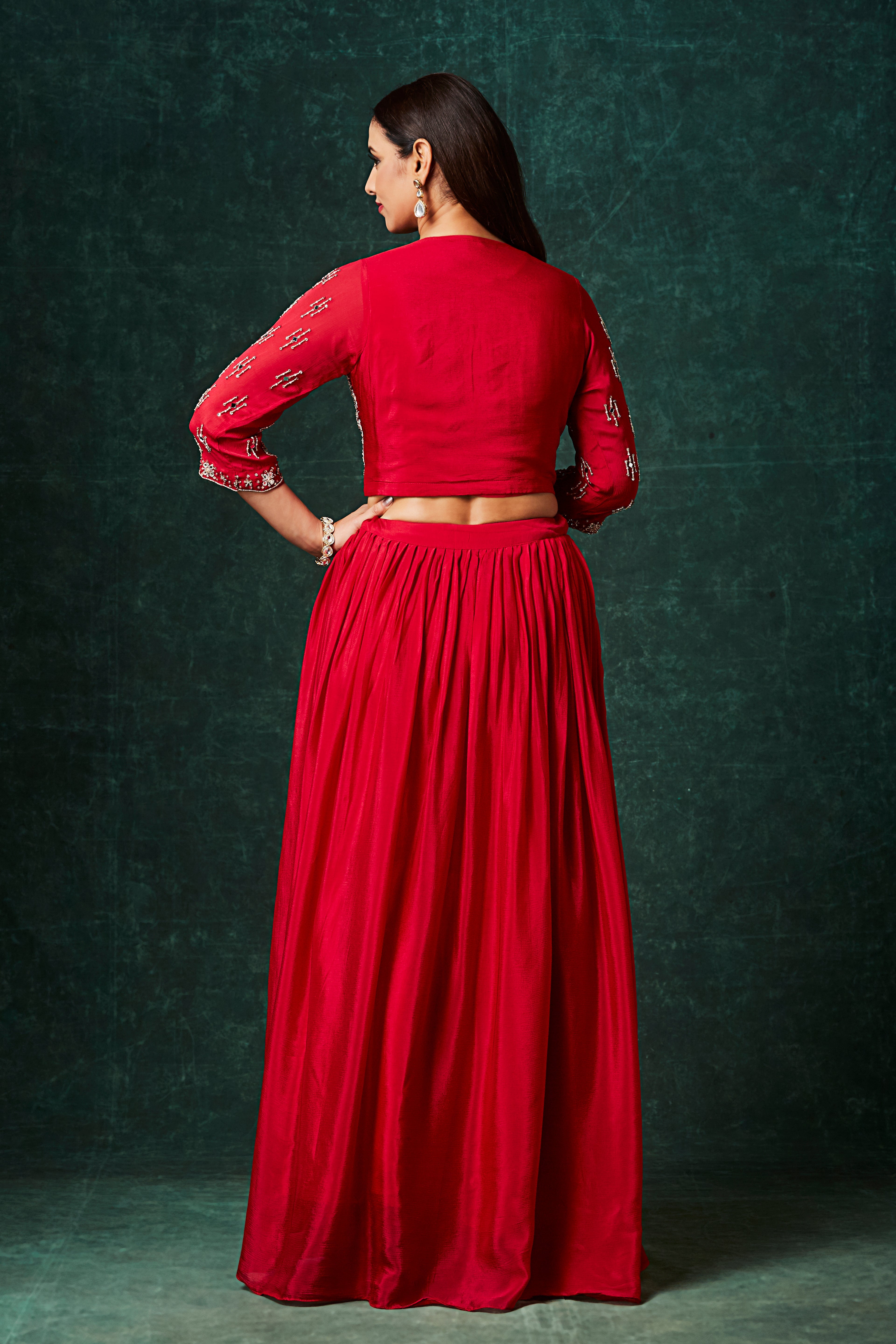 Vivid Red Embellished Chinon Silk Skirt Set