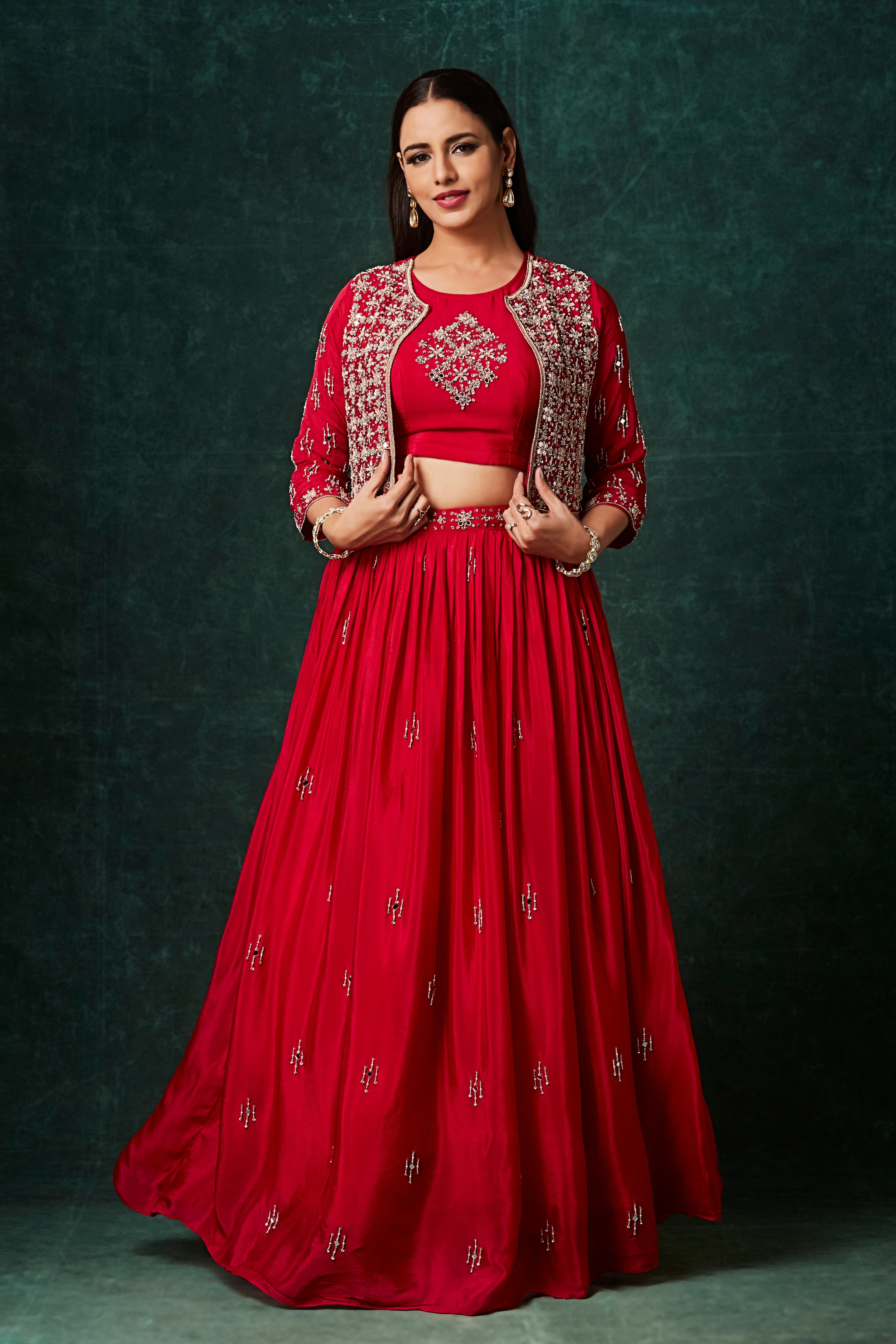 Vivid Red Embellished Chinon Silk Skirt Set
