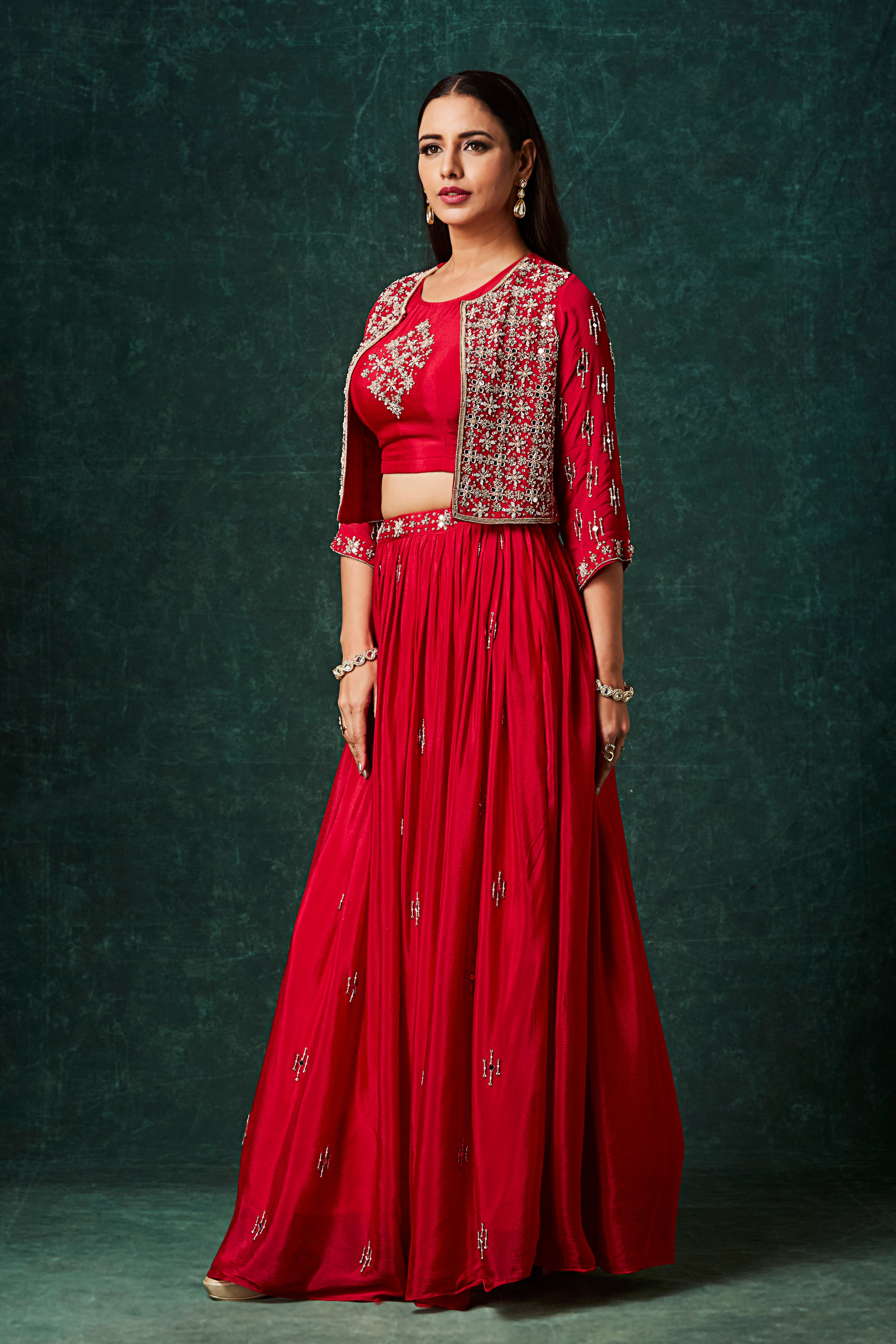 Vivid Red Embellished Chinon Silk Skirt Set