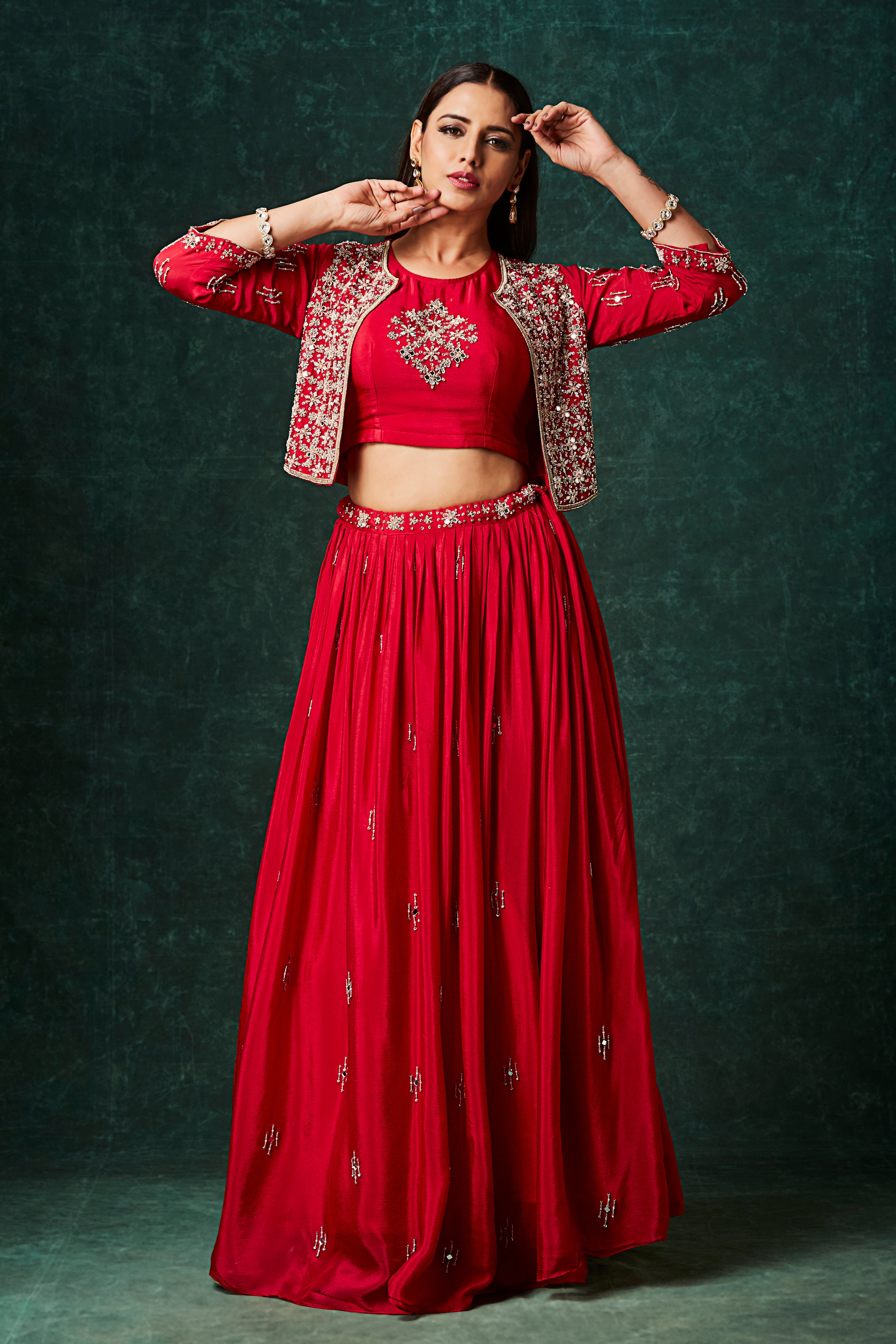 Vivid Red Embellished Chinon Silk Skirt Set