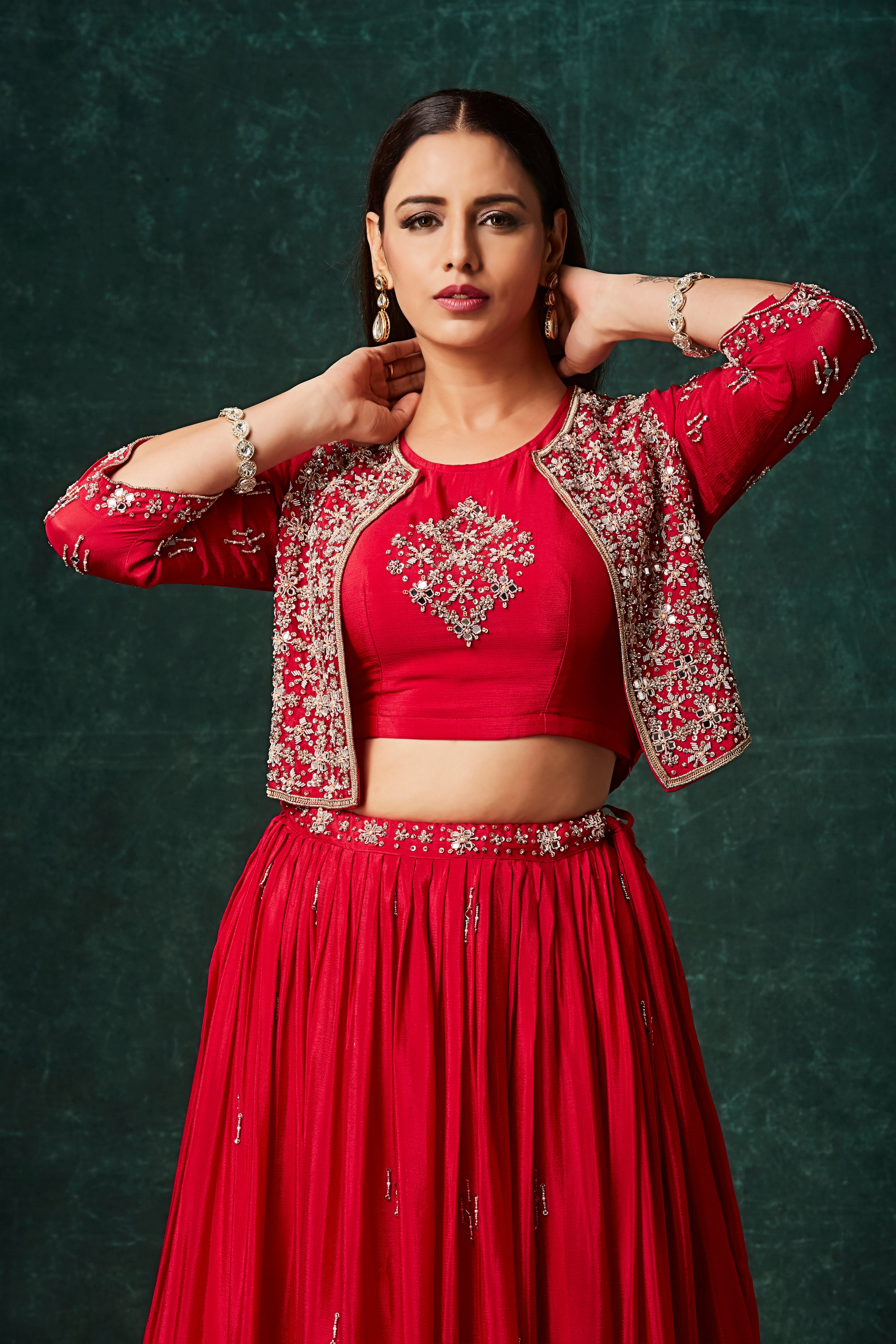 Vivid Red Embellished Chinon Silk Skirt Set